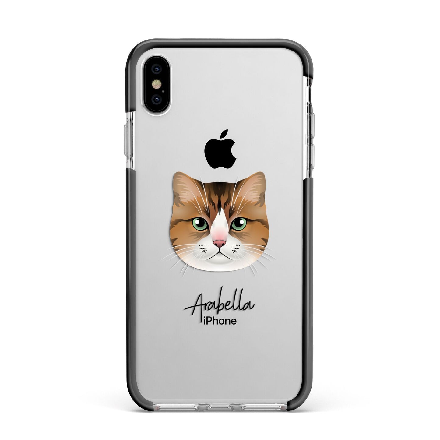 Custom Cat Illustration with Name Apple iPhone Xs Max Impact Case Black Edge on Silver Phone