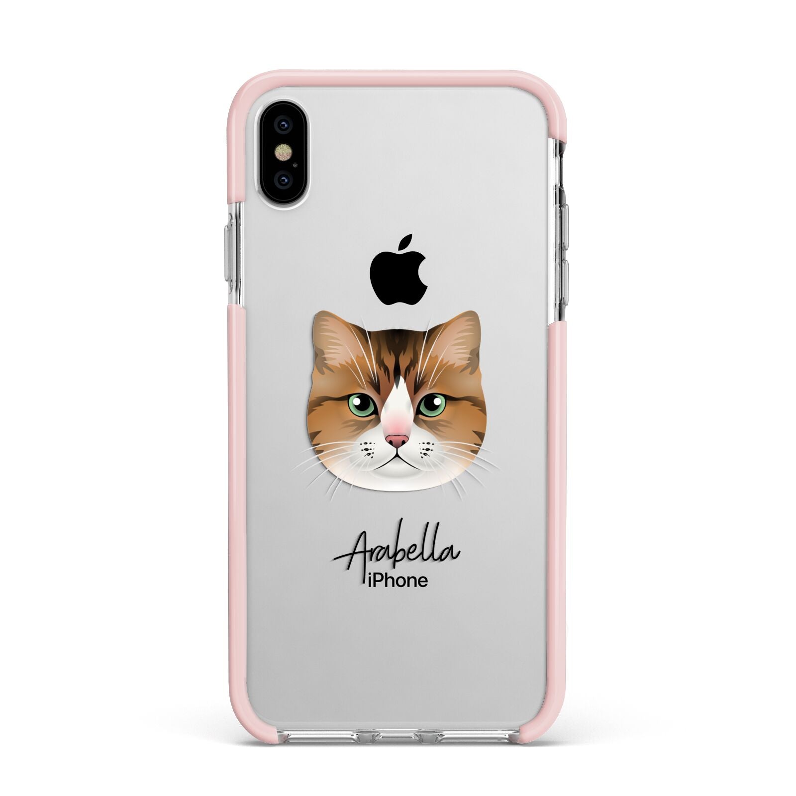 Custom Cat Illustration with Name Apple iPhone Xs Max Impact Case Pink Edge on Silver Phone