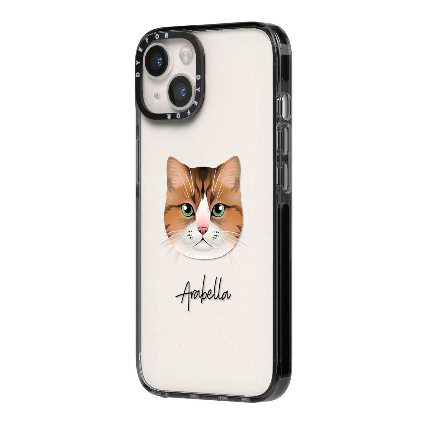 Custom Cat Illustration with Name iPhone 14 Black Impact Case Side Angle on Silver phone