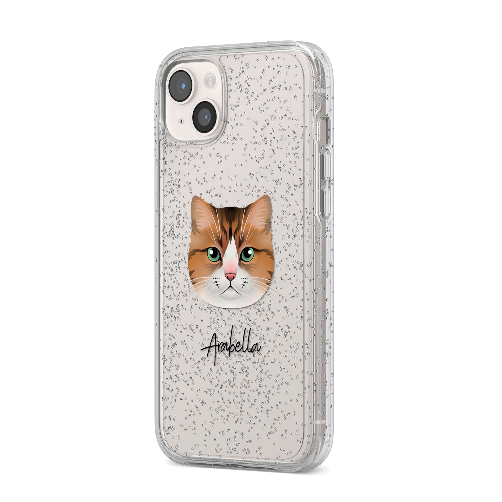 Custom Cat Illustration with Name iPhone 14 Plus Glitter Tough Case Starlight Angled Image