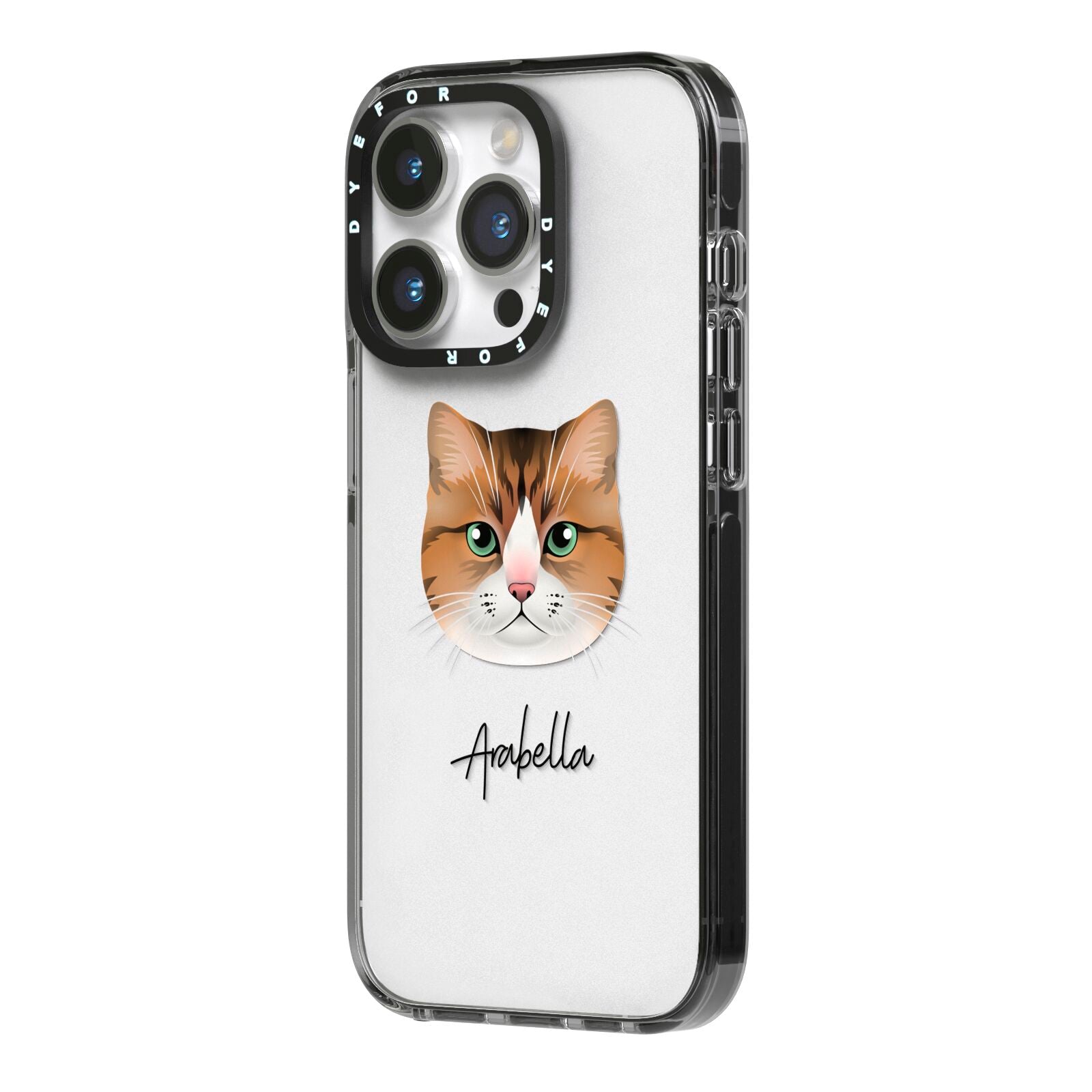 Custom Cat Illustration with Name iPhone 14 Pro Black Impact Case Side Angle on Silver phone
