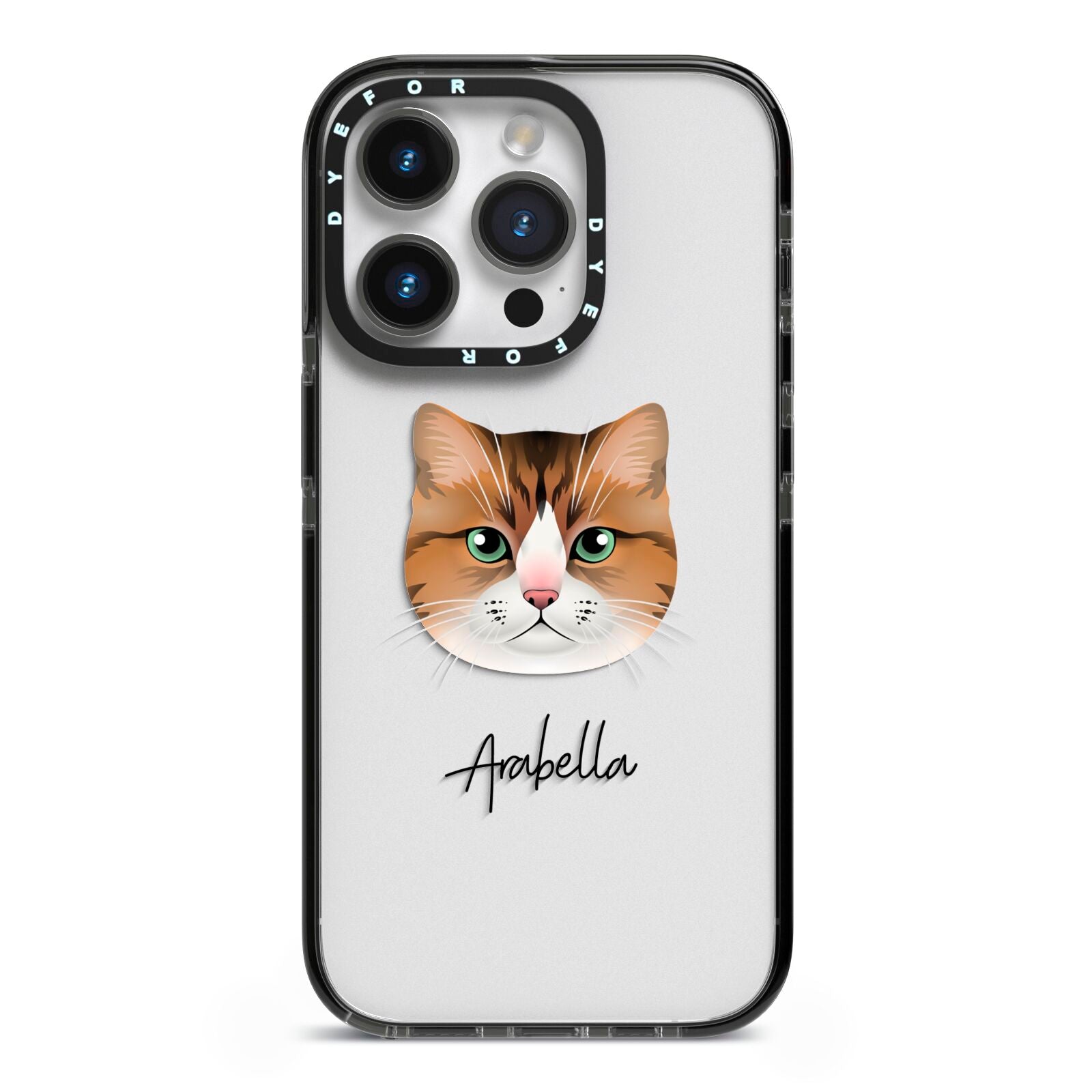 Custom Cat Illustration with Name iPhone 14 Pro Black Impact Case on Silver phone