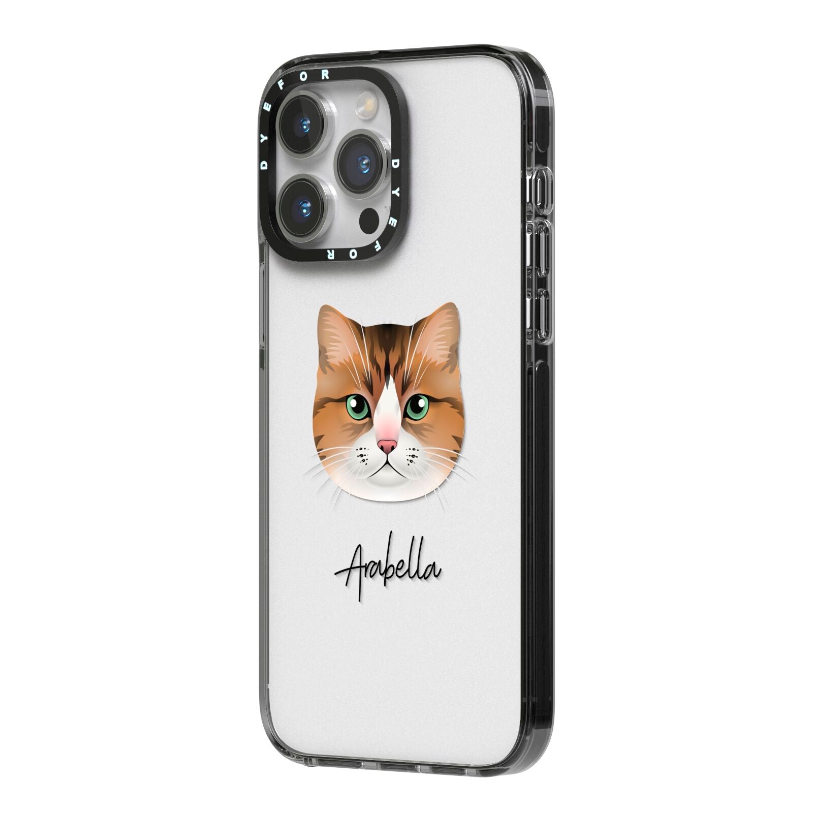 Custom Cat Illustration with Name iPhone 14 Pro Max Black Impact Case Side Angle on Silver phone
