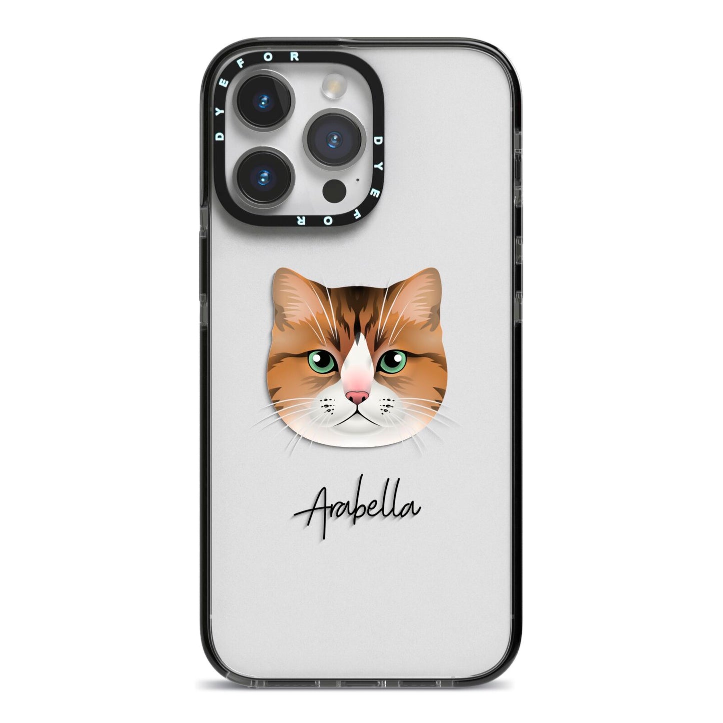 Custom Cat Illustration with Name iPhone 14 Pro Max Black Impact Case on Silver phone