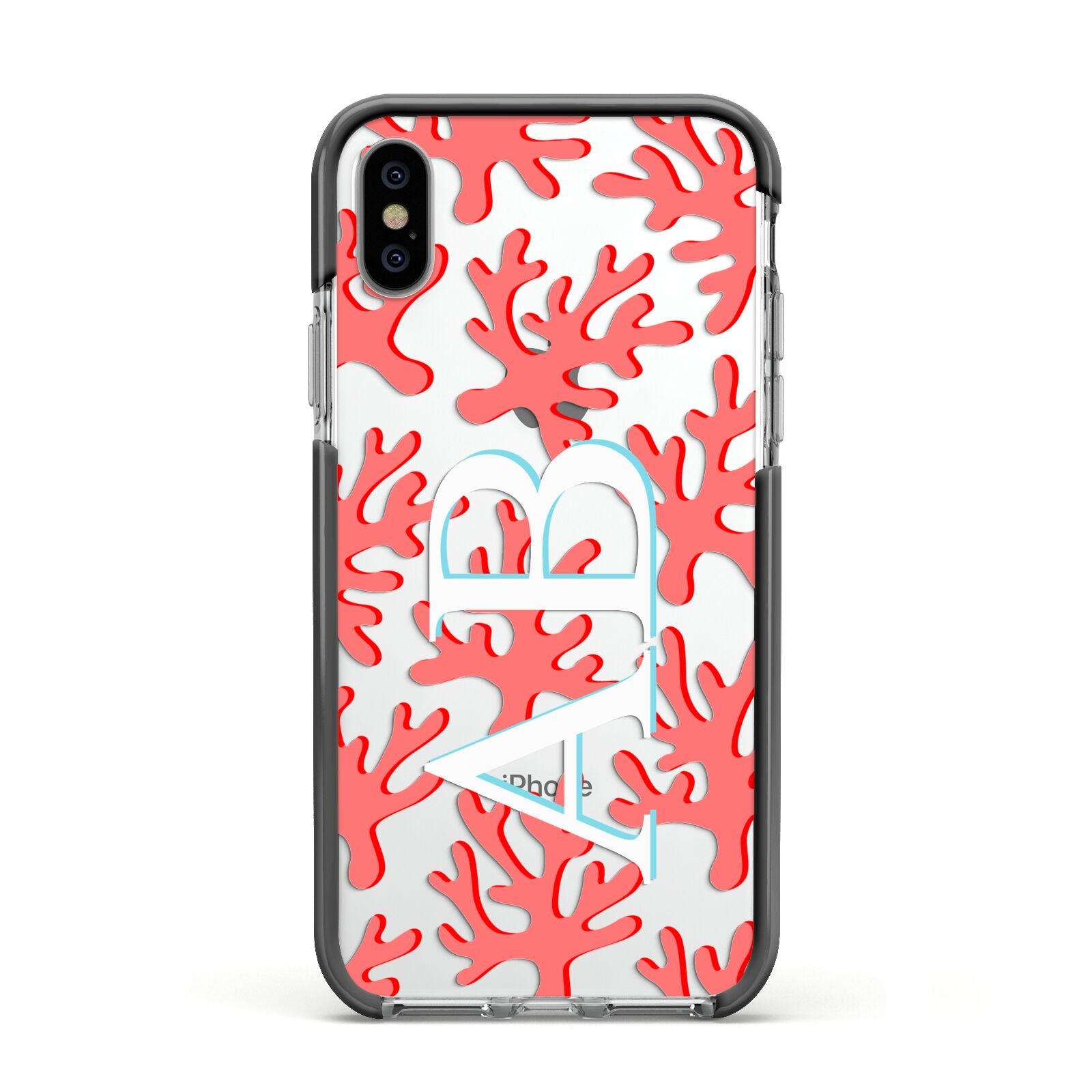Custom Coral Initials Apple iPhone Xs Impact Case Black Edge on Silver Phone