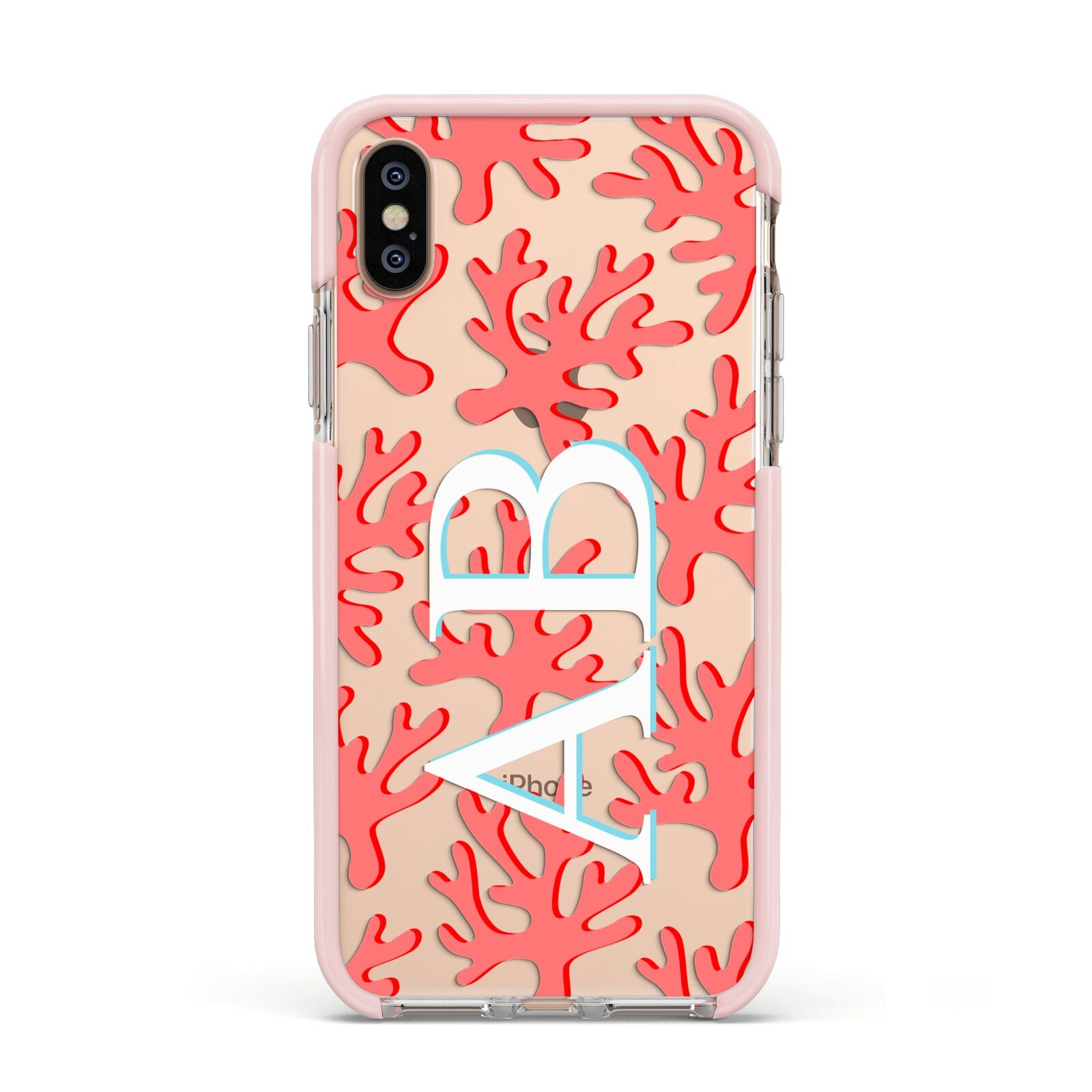 Custom Coral Initials Apple iPhone Xs Impact Case Pink Edge on Gold Phone