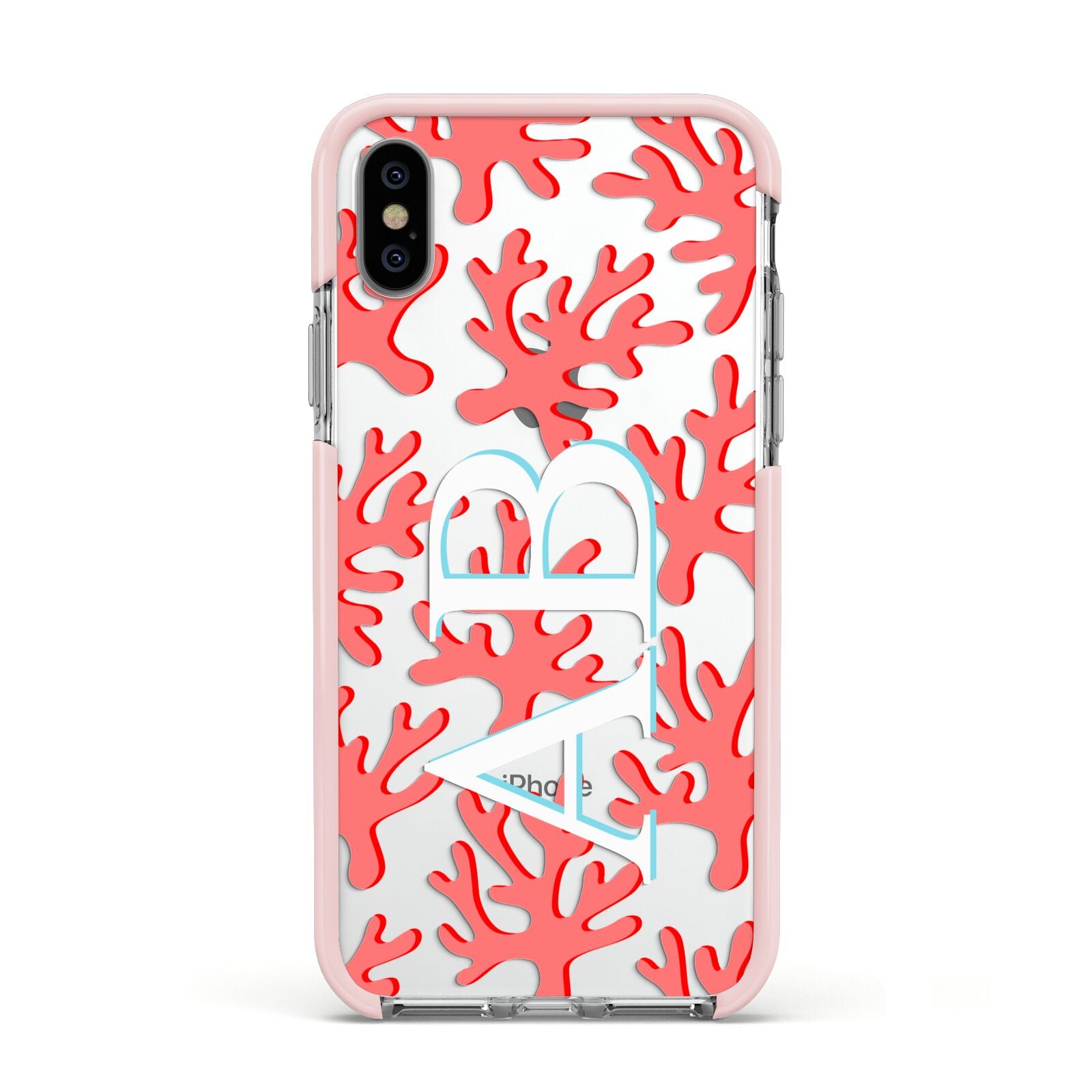 Custom Coral Initials Apple iPhone Xs Impact Case Pink Edge on Silver Phone