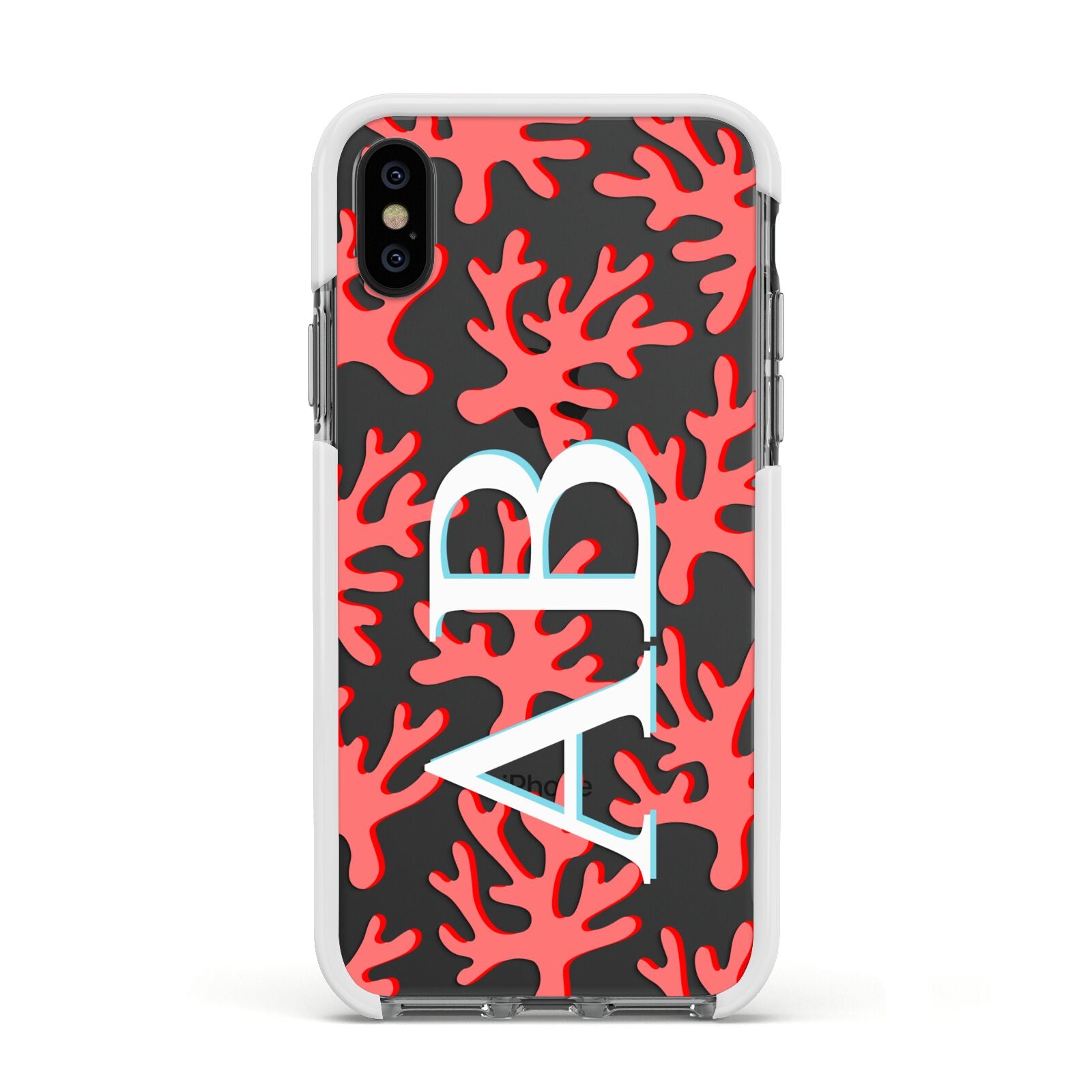 Custom Coral Initials Apple iPhone Xs Impact Case White Edge on Black Phone