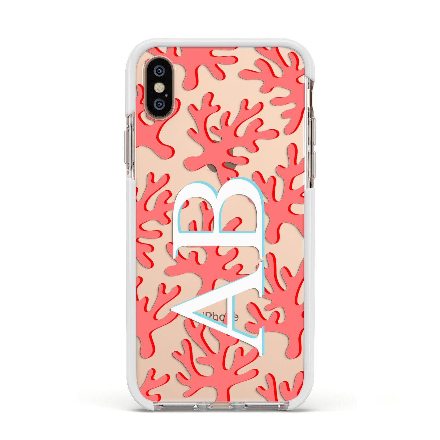 Custom Coral Initials Apple iPhone Xs Impact Case White Edge on Gold Phone