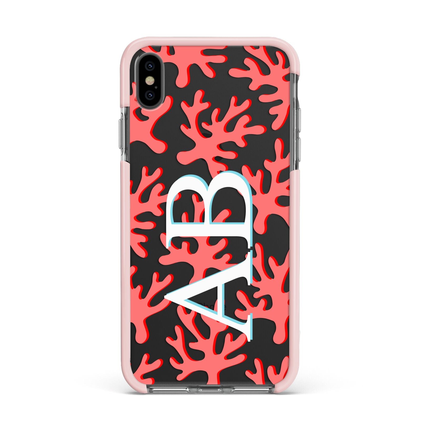 Custom Coral Initials Apple iPhone Xs Max Impact Case Pink Edge on Black Phone