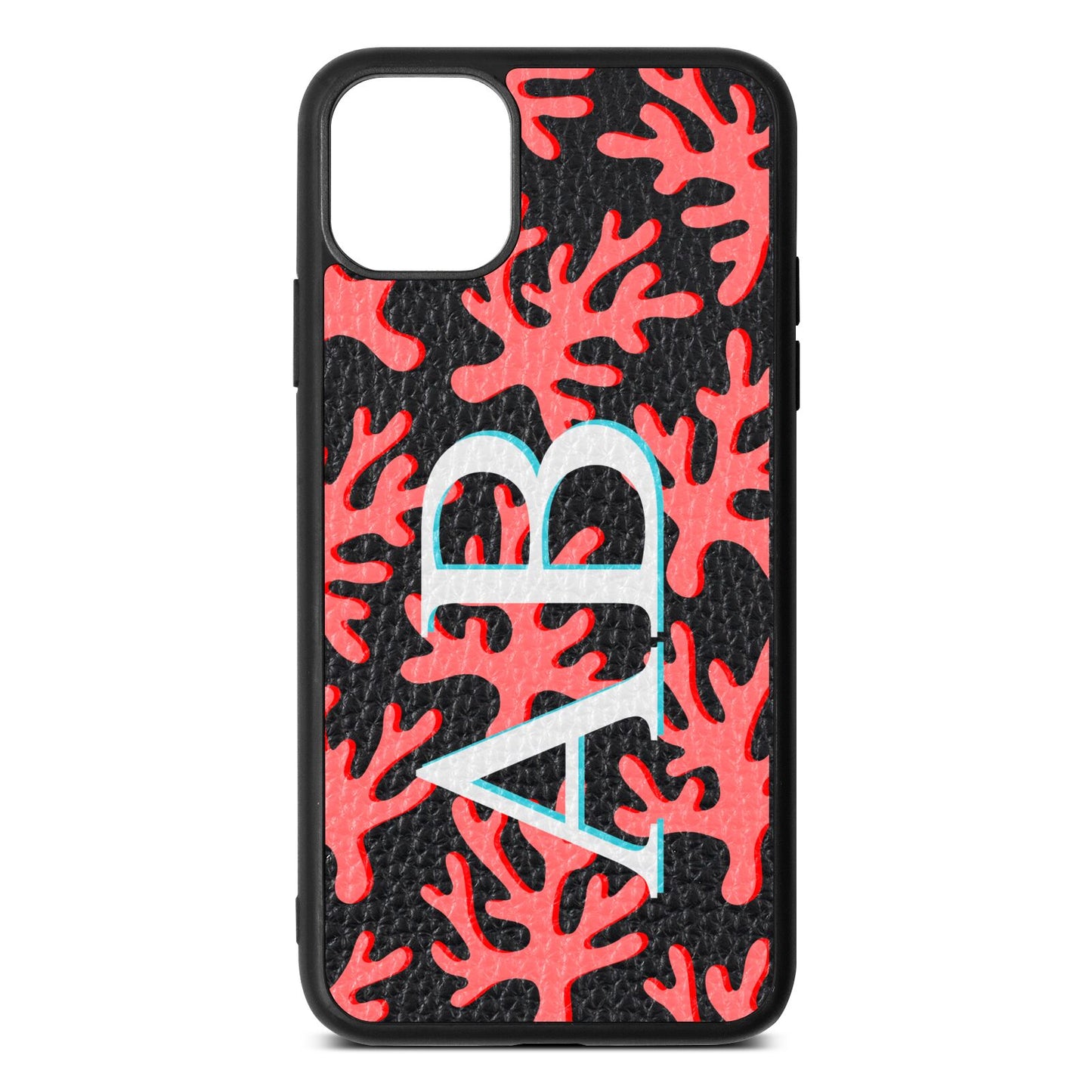 Custom Coral Initials Black Pebble Leather iPhone 11 Pro Max Case