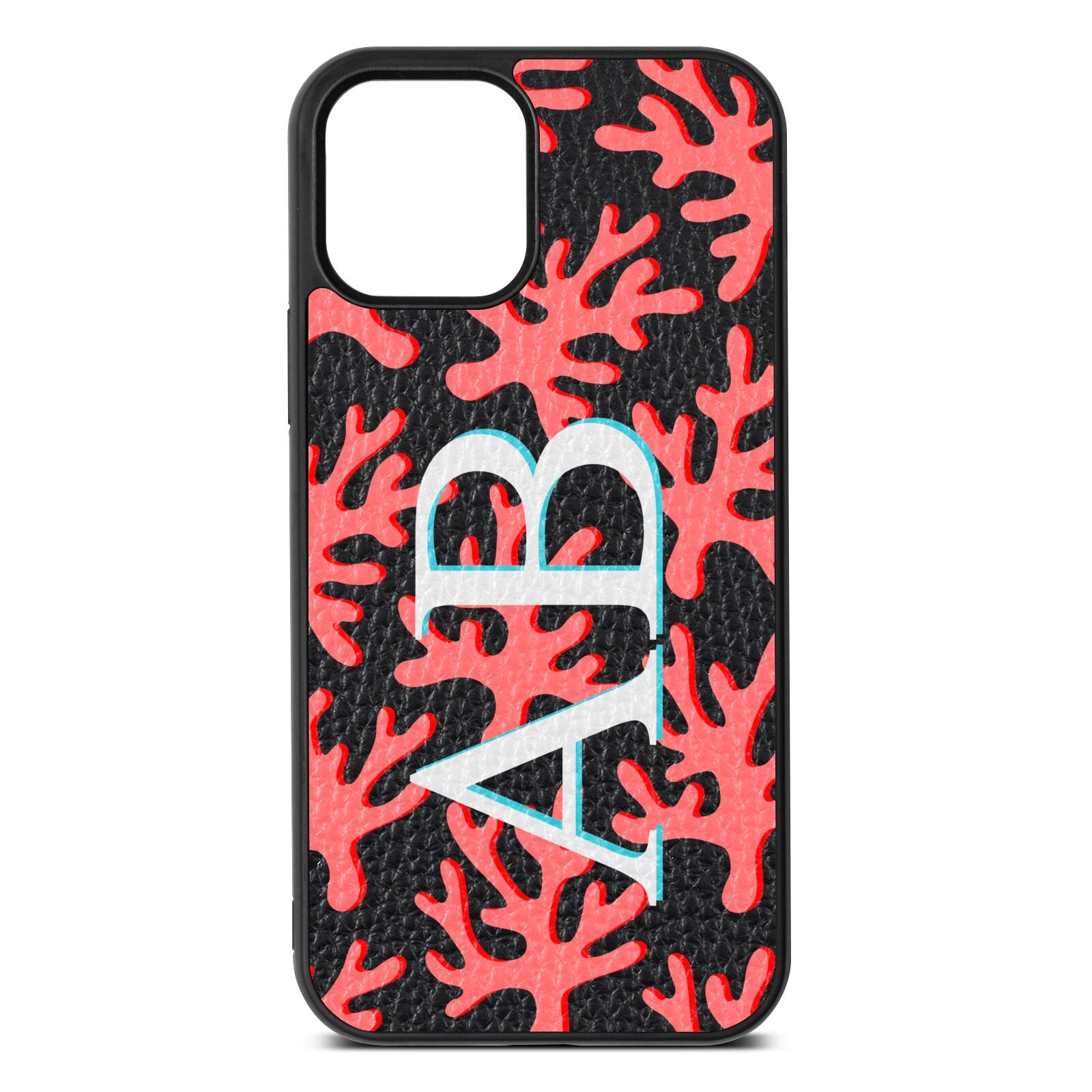Custom Coral Initials Black Pebble Leather iPhone 12 Case