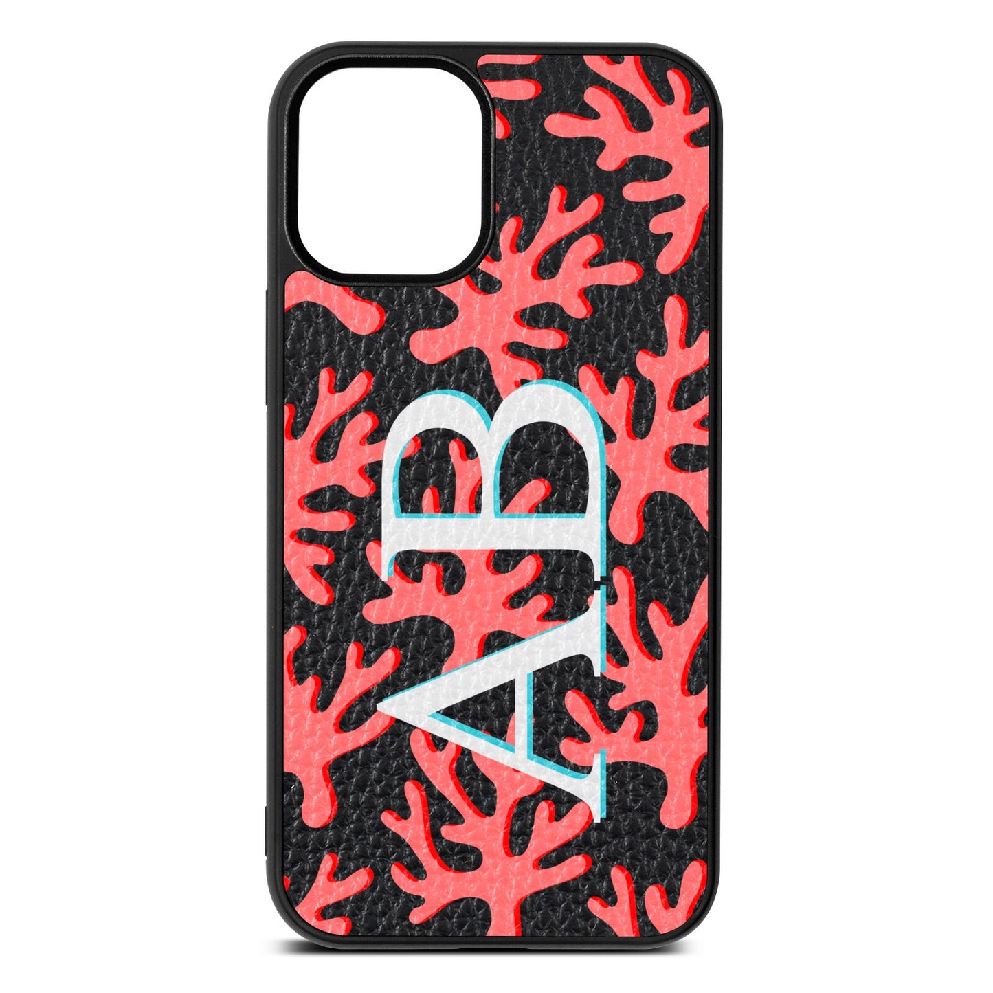 Custom Coral Initials Black Pebble Leather iPhone 12 Mini Case