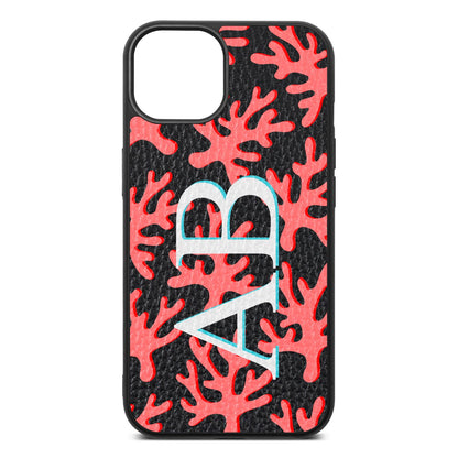 Custom Coral Initials Black Pebble Leather iPhone 13 Case