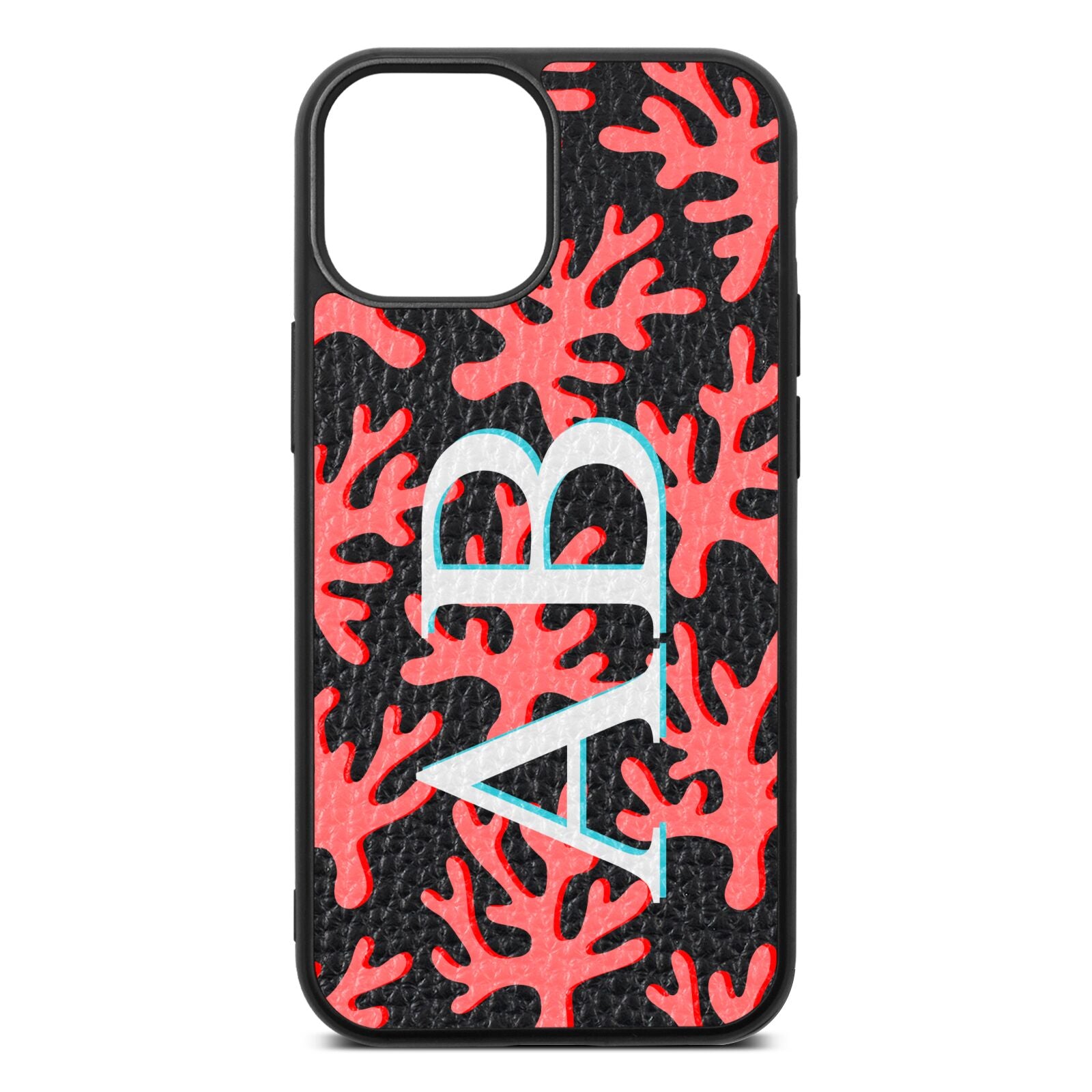 Custom Coral Initials Black Pebble Leather iPhone 13 Mini Case