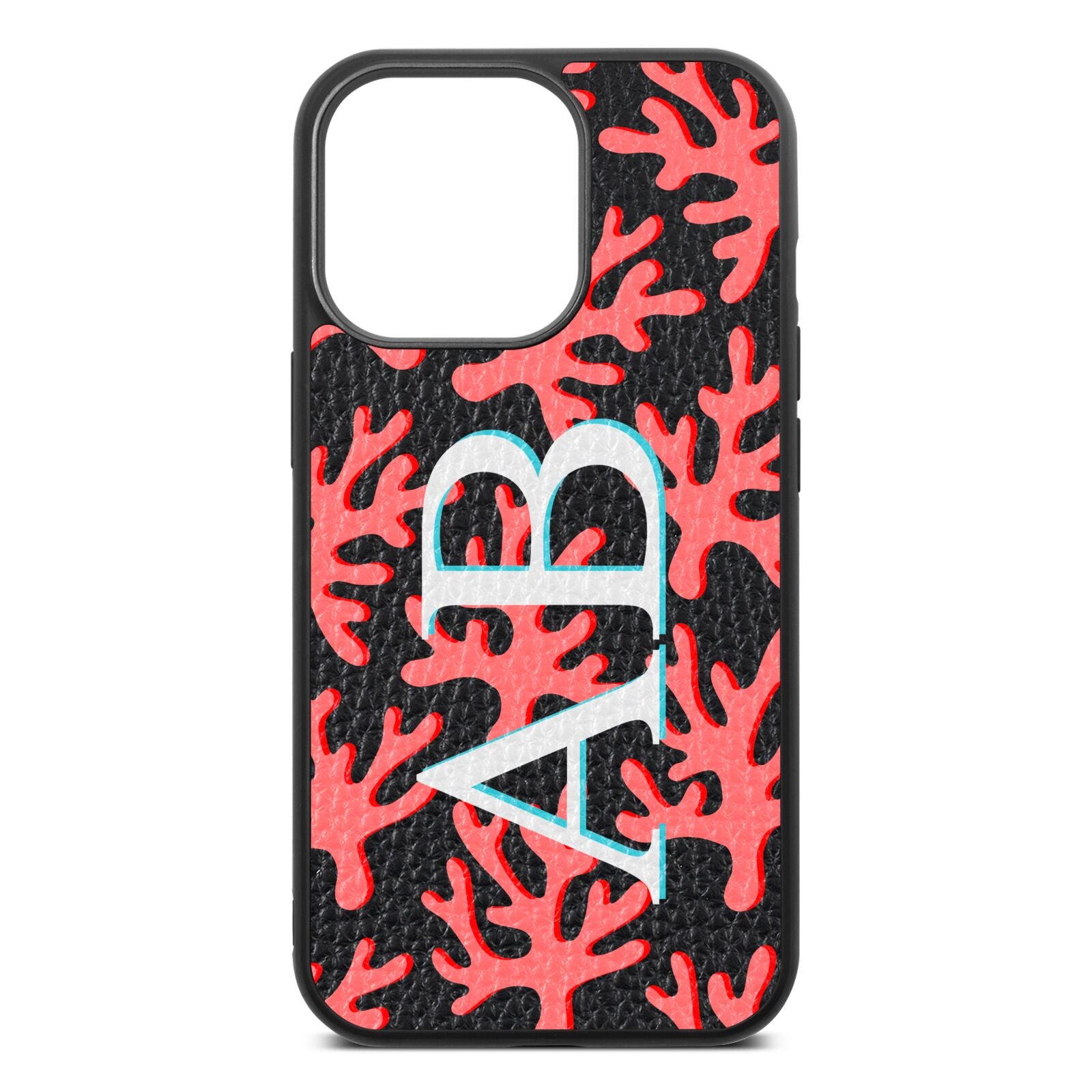 Custom Coral Initials Black Pebble Leather iPhone 13 Pro Case