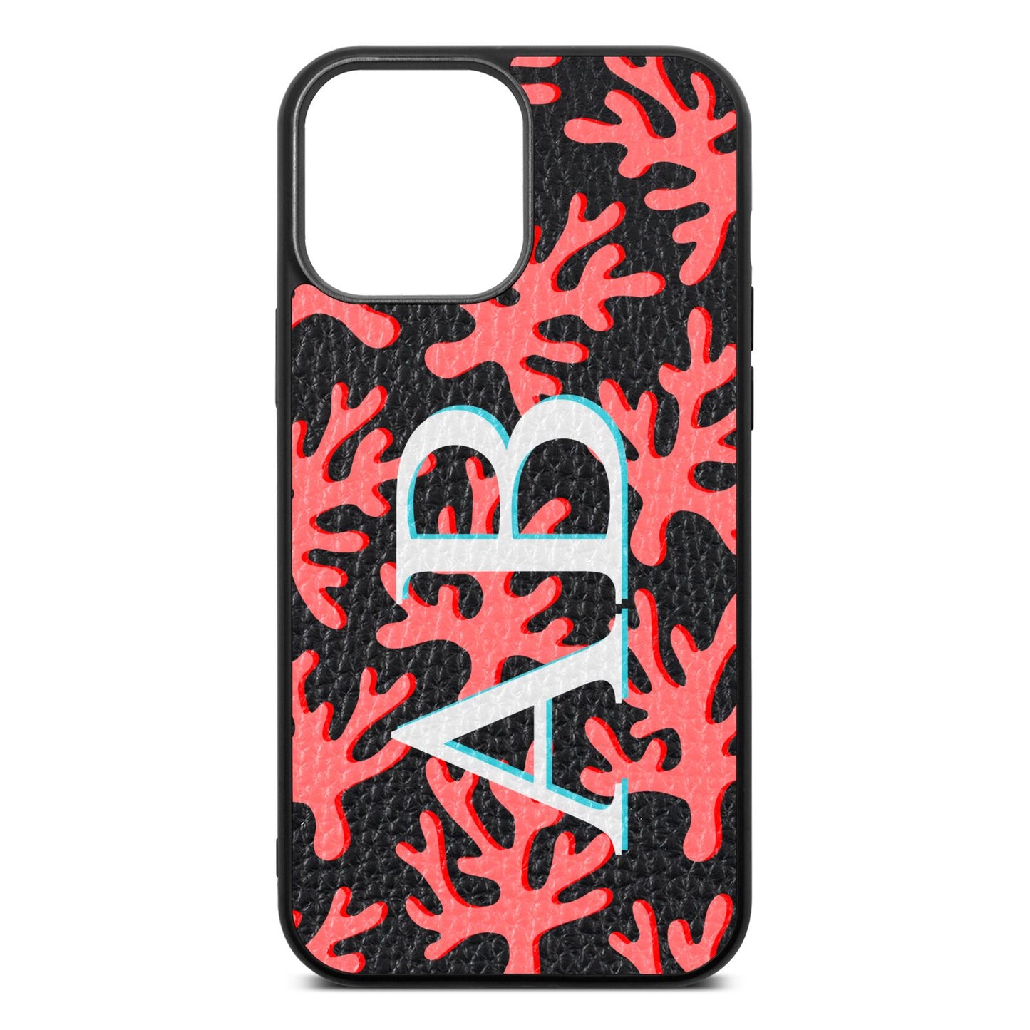 Custom Coral Initials Black Pebble Leather iPhone 13 Pro Max Case