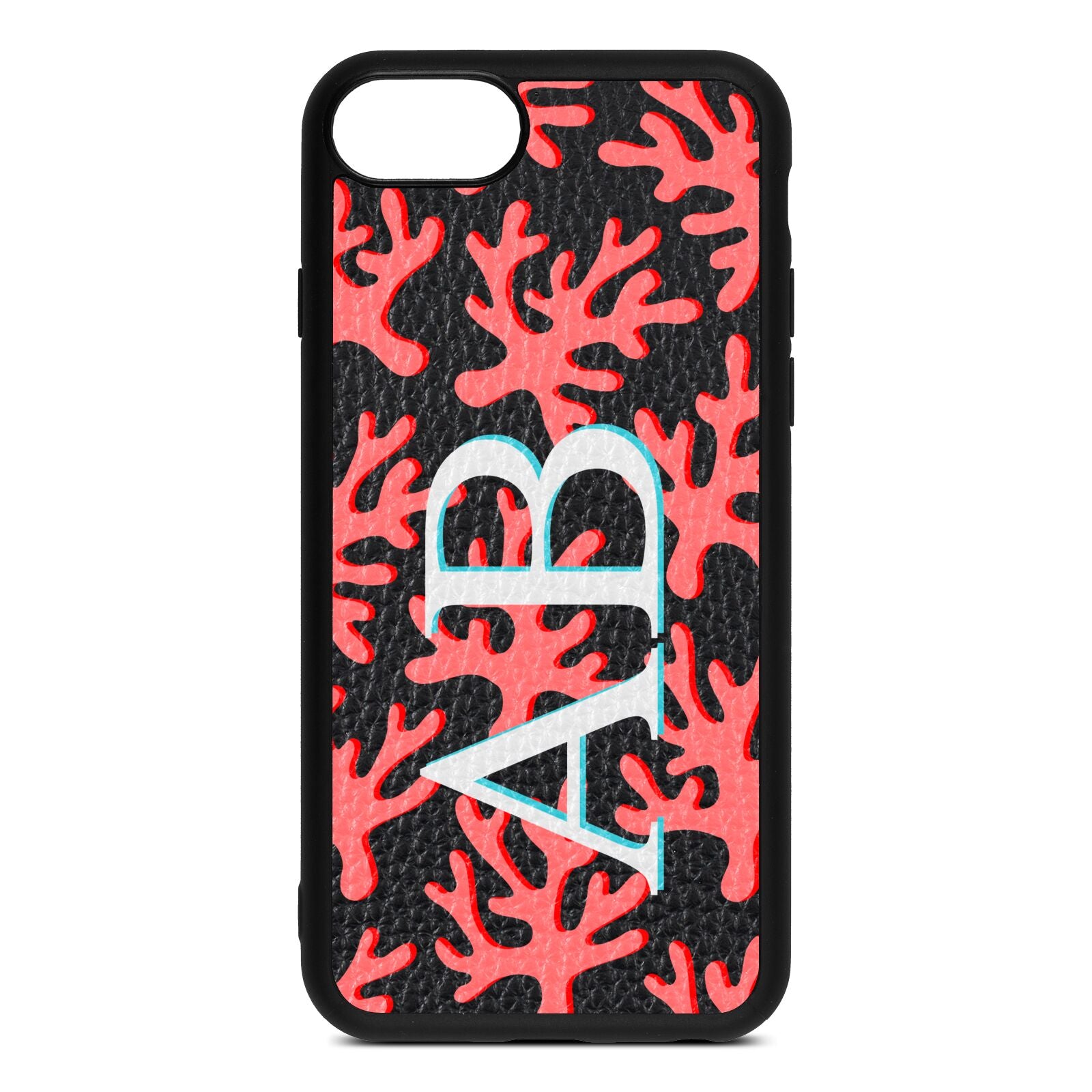 Custom Coral Initials Black Pebble Leather iPhone 8 Case