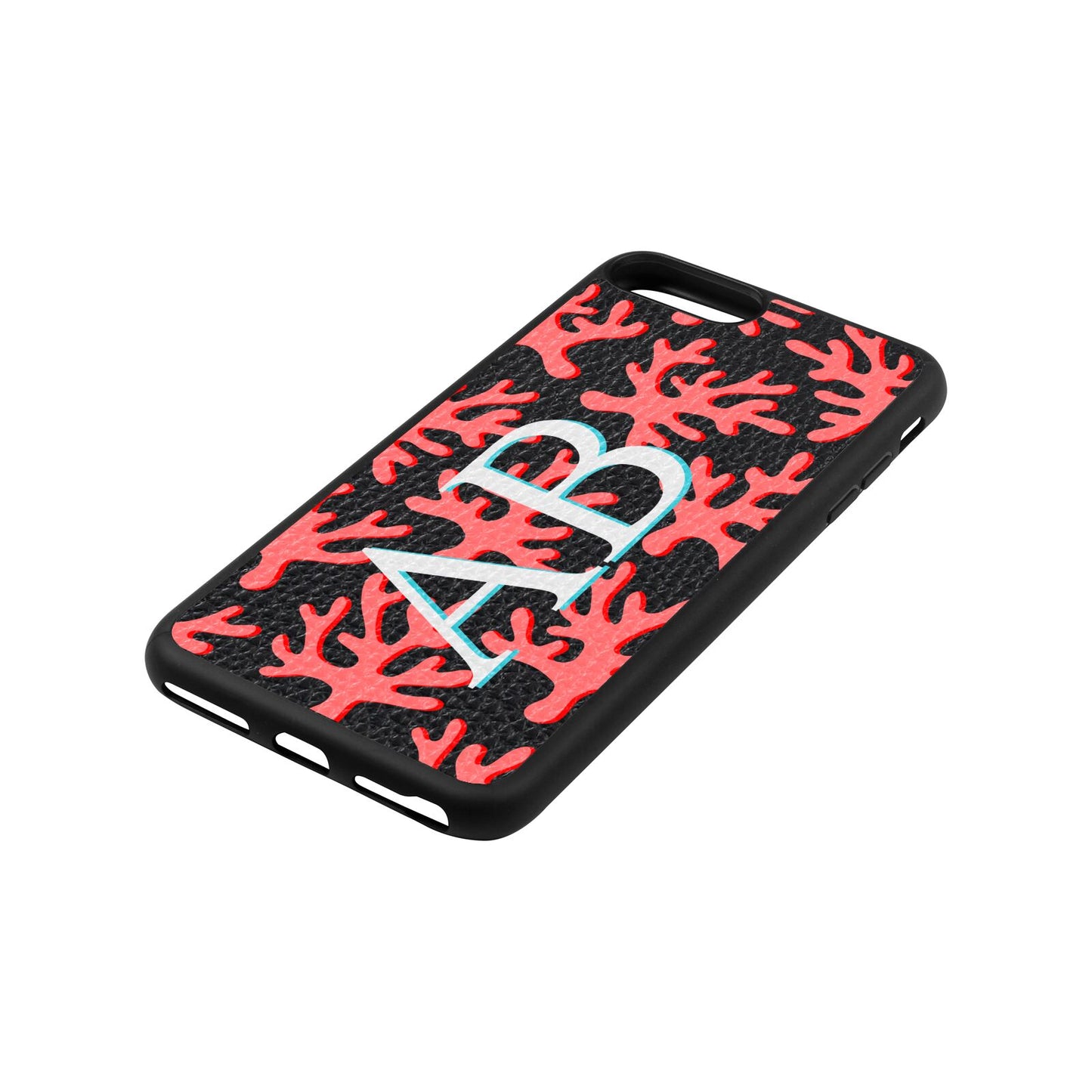 Custom Coral Initials Black Pebble Leather iPhone 8 Plus Case Side Angle