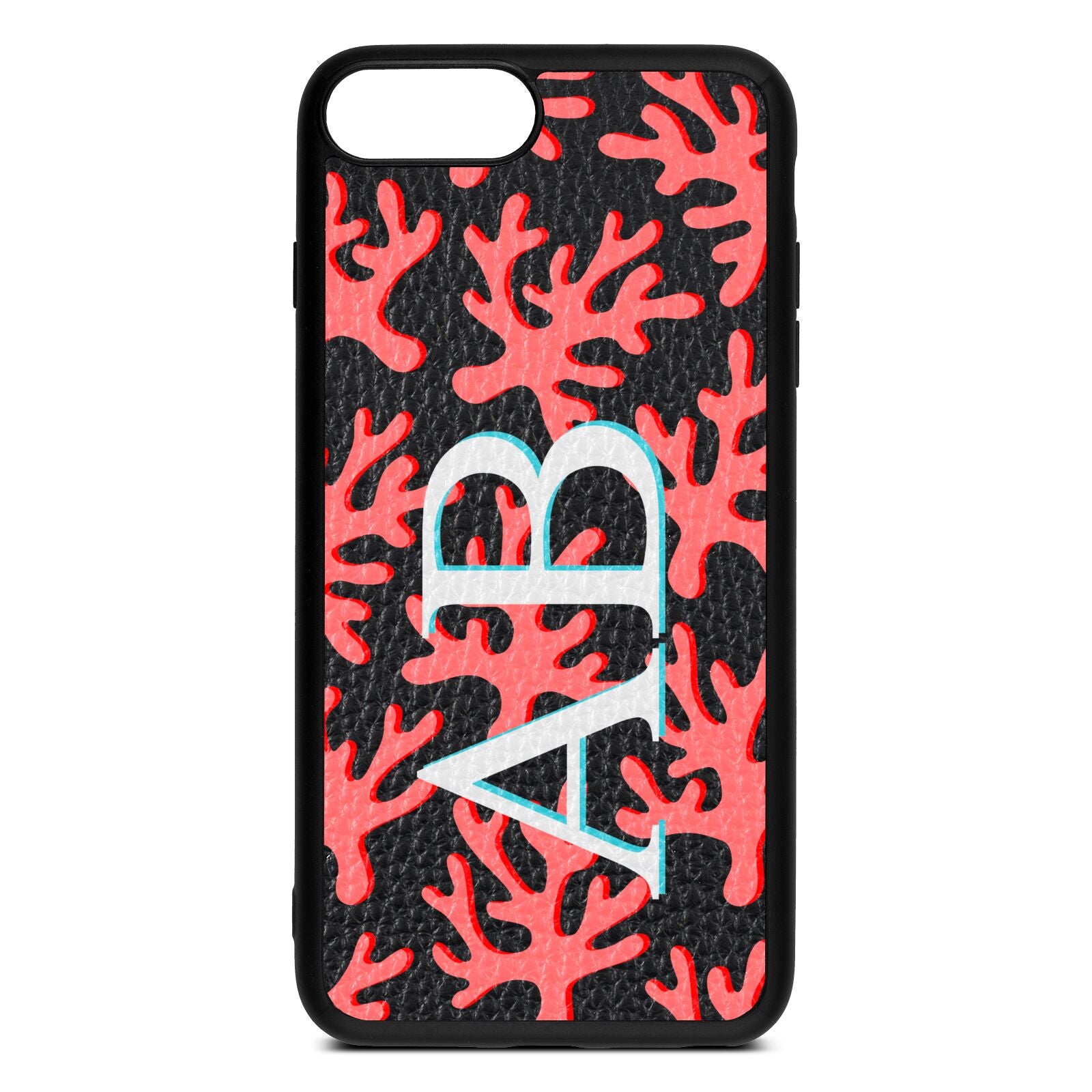 Custom Coral Initials Black Pebble Leather iPhone 8 Plus Case