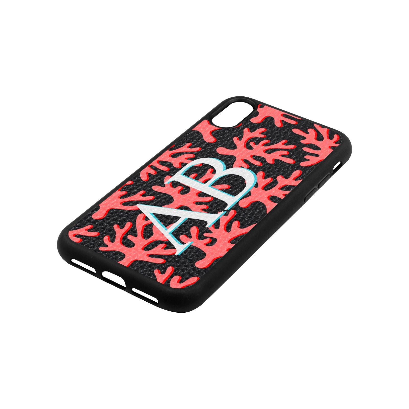 Custom Coral Initials Black Pebble Leather iPhone Xr Case Side Angle