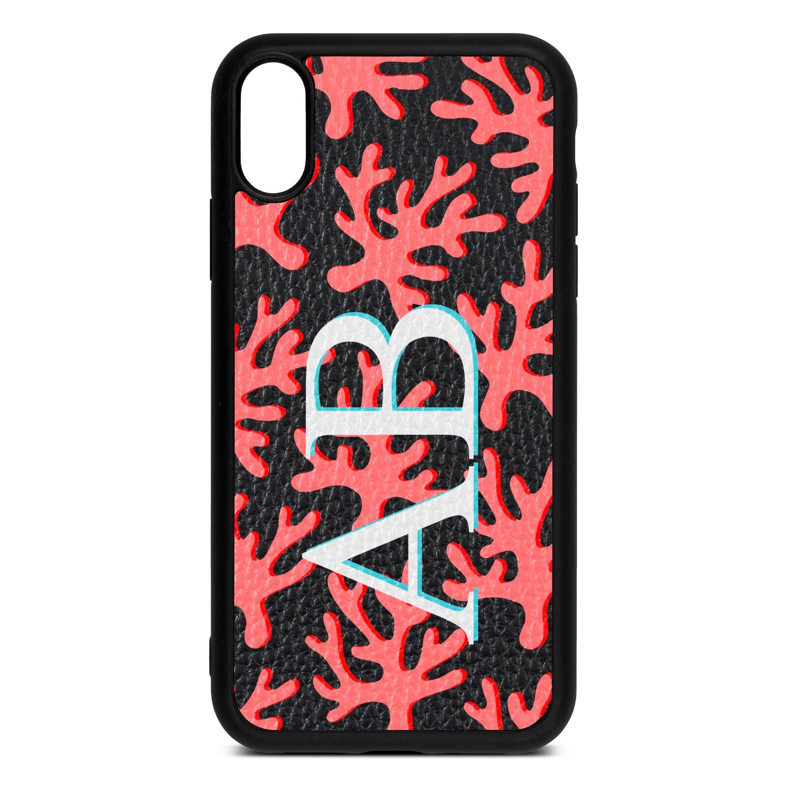 Custom Coral Initials Black Pebble Leather iPhone Xr Case