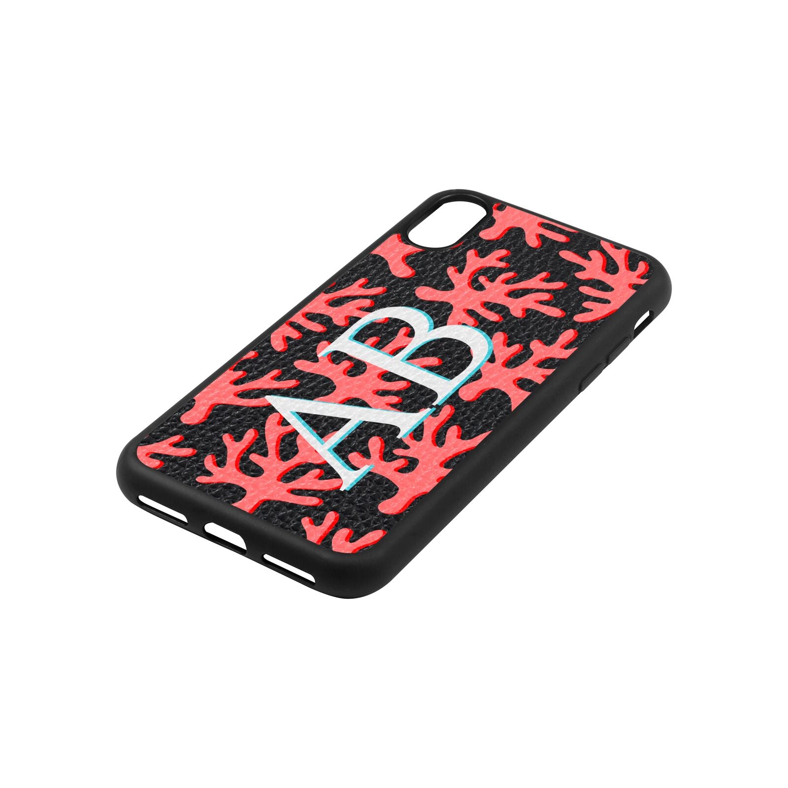 Custom Coral Initials Black Pebble Leather iPhone Xs Case Side Angle