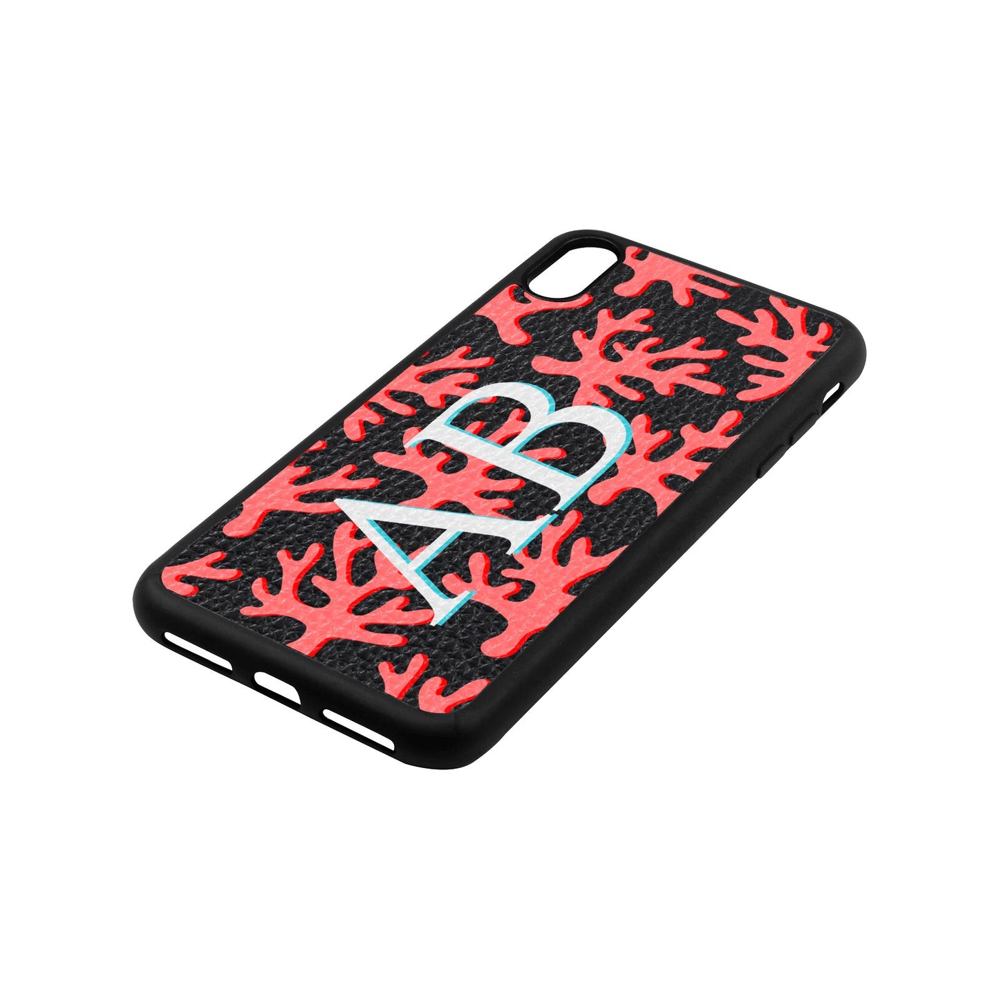 Custom Coral Initials Black Pebble Leather iPhone Xs Max Case Side Angle