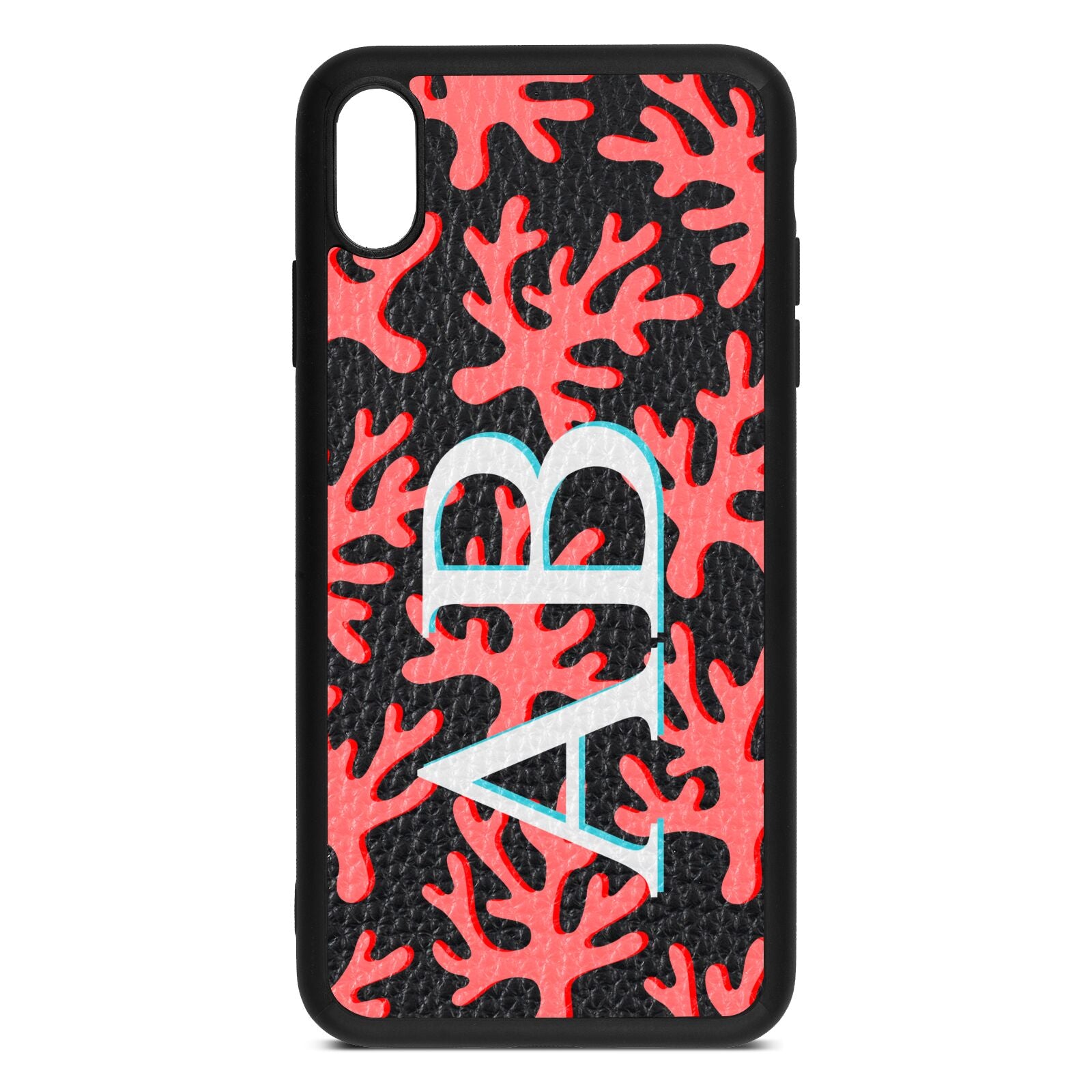 Custom Coral Initials Black Pebble Leather iPhone Xs Max Case