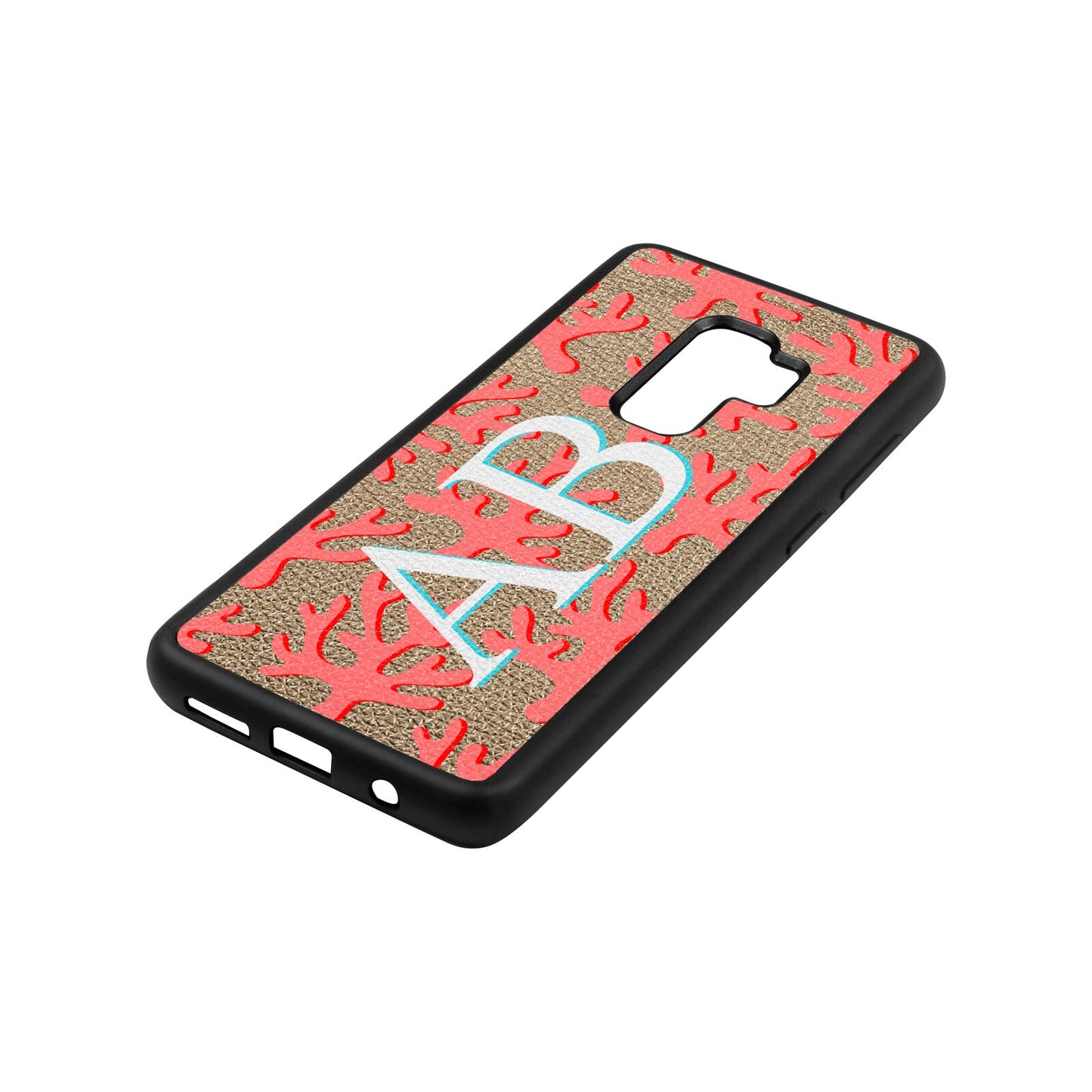 Custom Coral Initials Gold Pebble Leather Samsung S9 Plus Case Side Angle