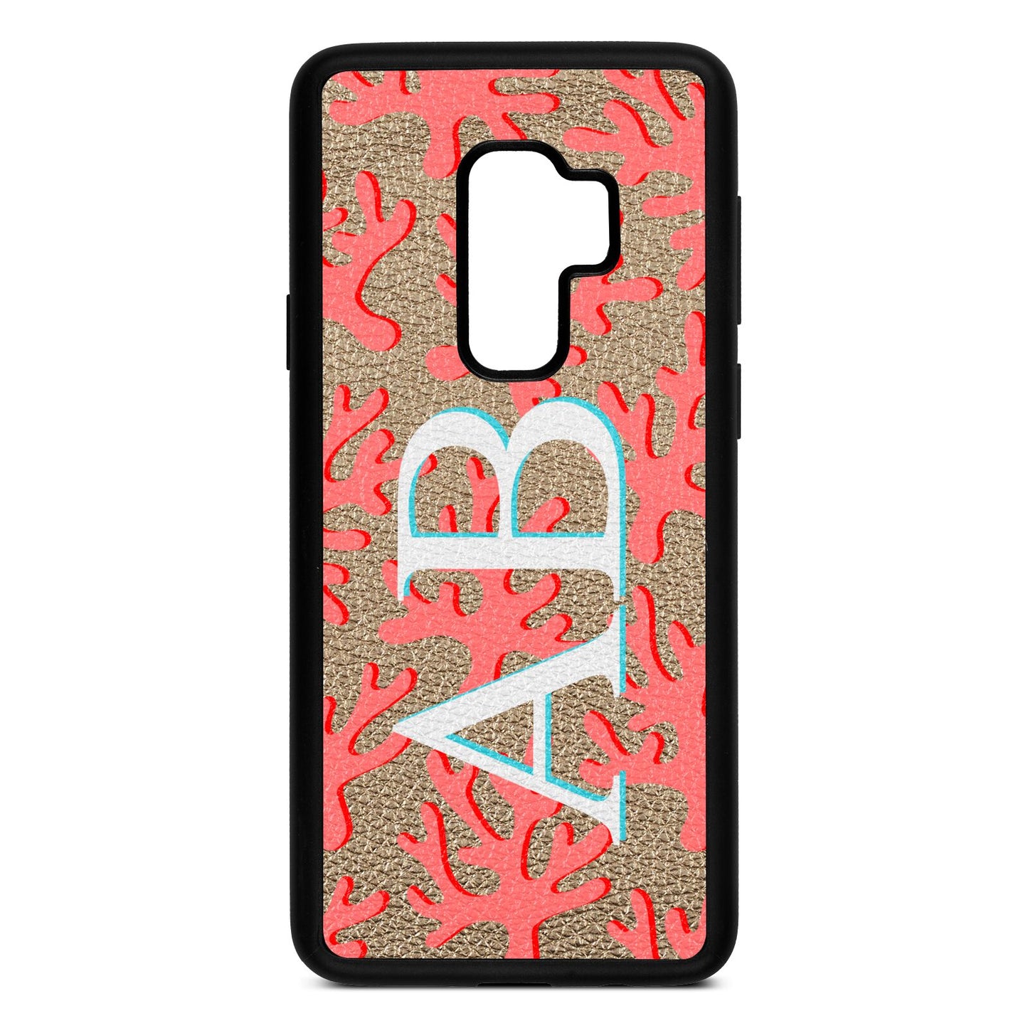 Custom Coral Initials Gold Pebble Leather Samsung S9 Plus Case