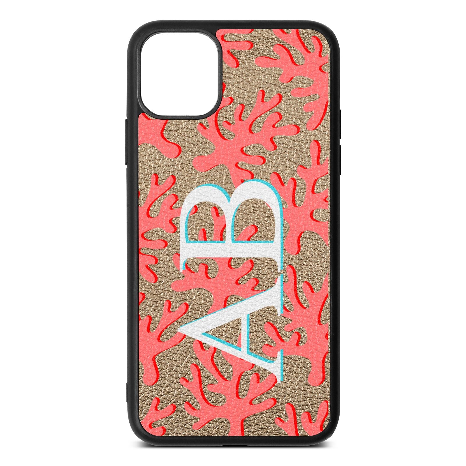 Custom Coral Initials Gold Pebble Leather iPhone 11 Pro Max Case