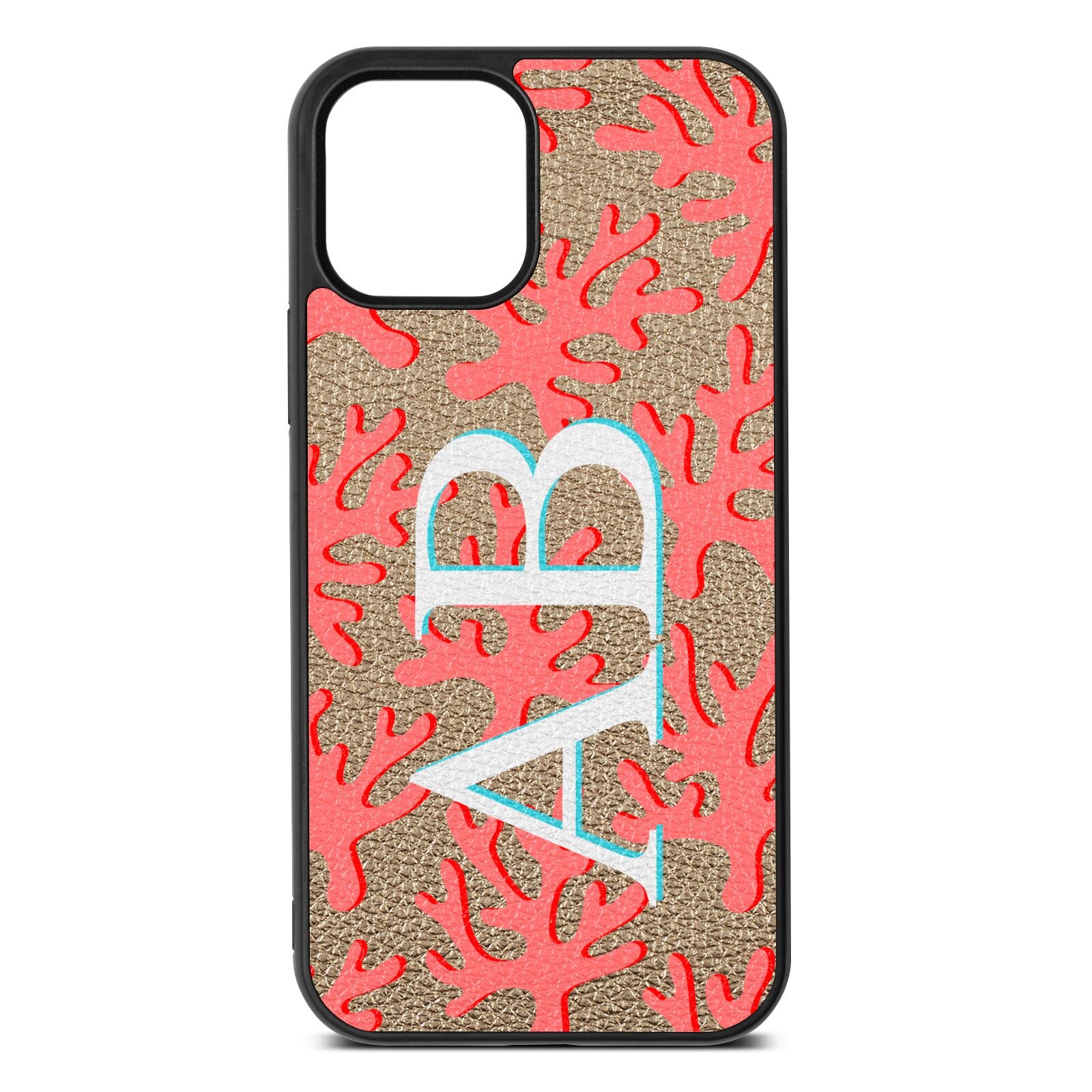 Custom Coral Initials Gold Pebble Leather iPhone 12 Case