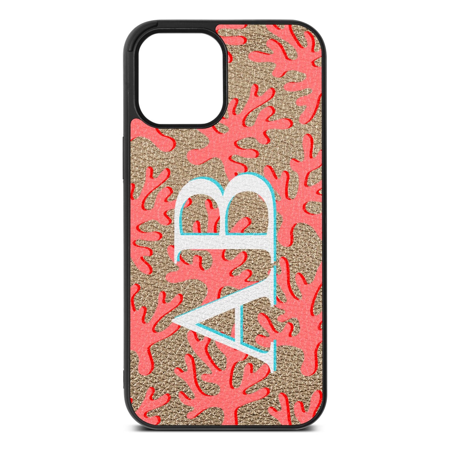 Custom Coral Initials Gold Pebble Leather iPhone 12 Pro Max Case