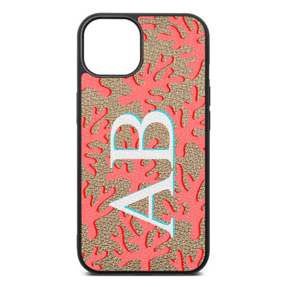 Custom Coral Initials Gold Pebble Leather iPhone 13 Case