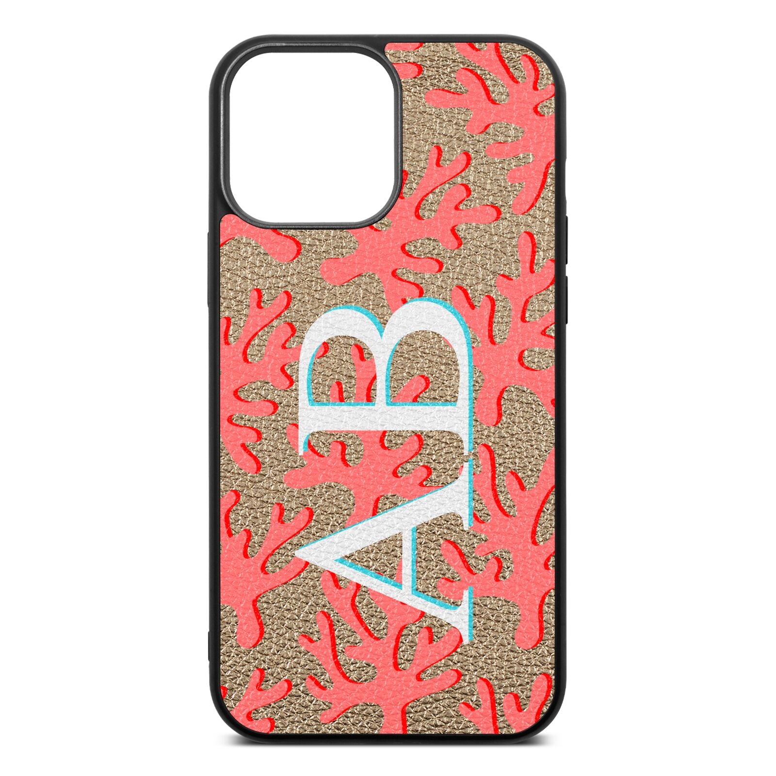Custom Coral Initials Gold Pebble Leather iPhone 13 Pro Max Case