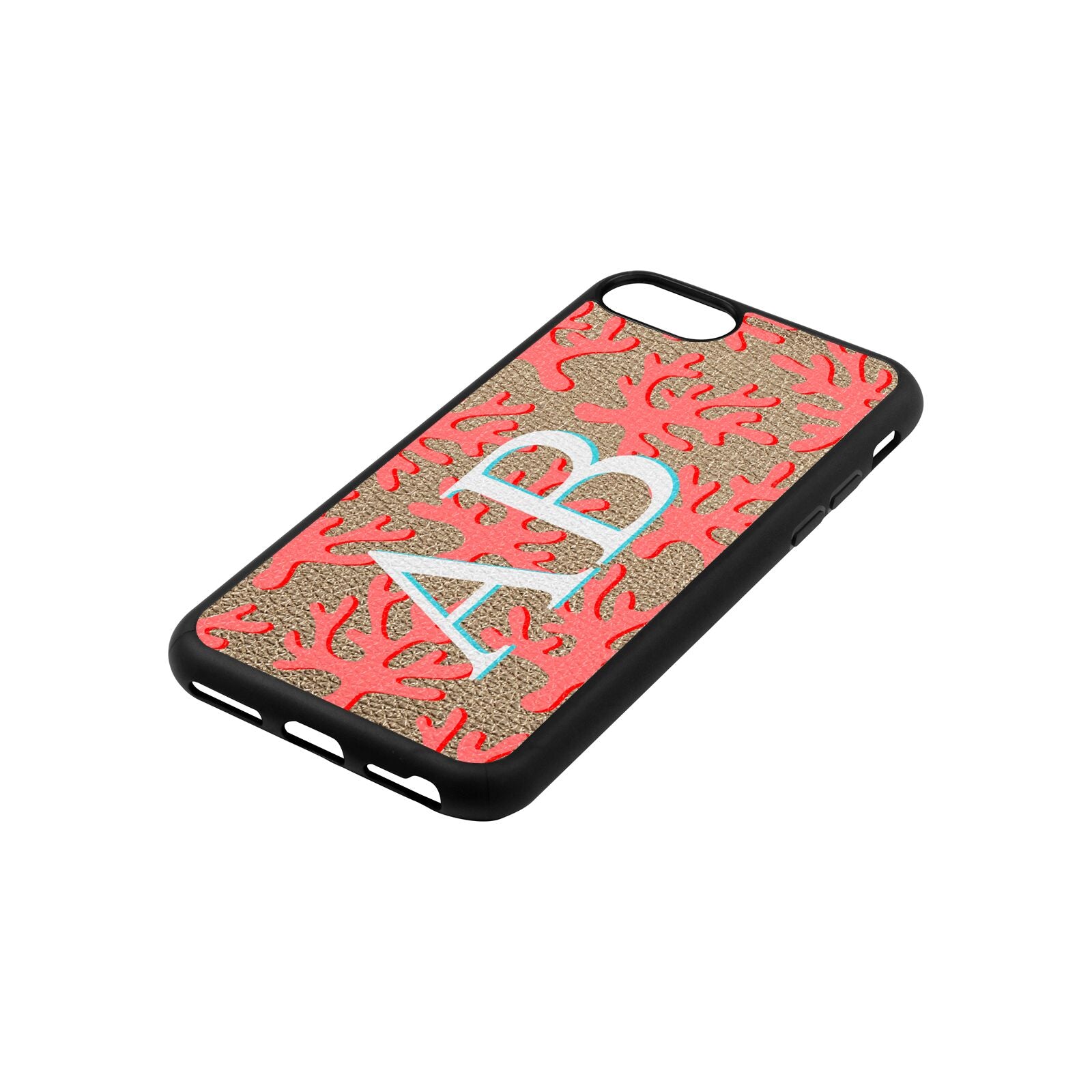 Custom Coral Initials Gold Pebble Leather iPhone 8 Case Side Angle