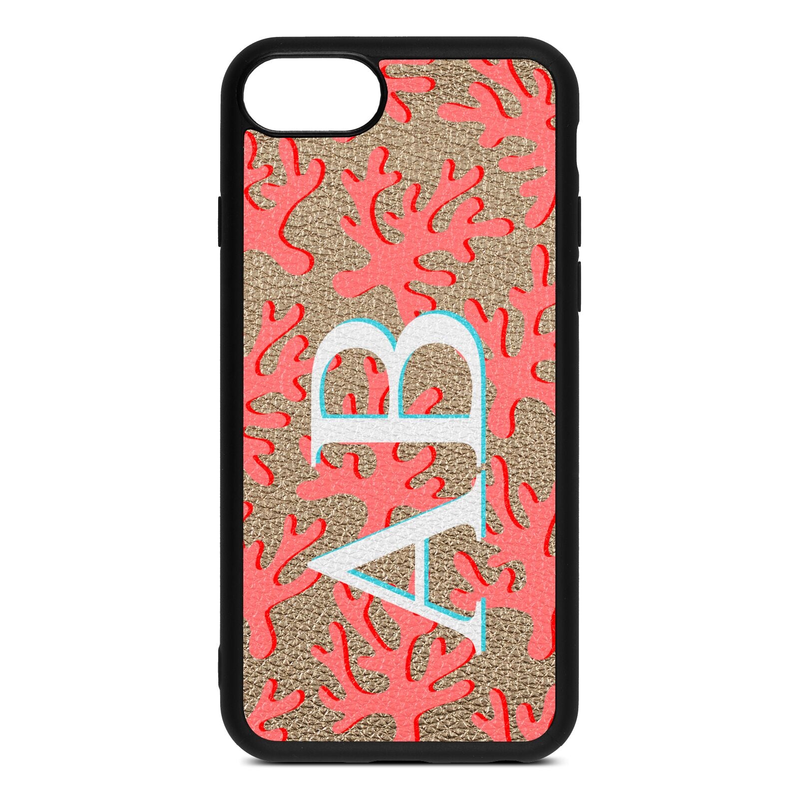 Custom Coral Initials Gold Pebble Leather iPhone 8 Case