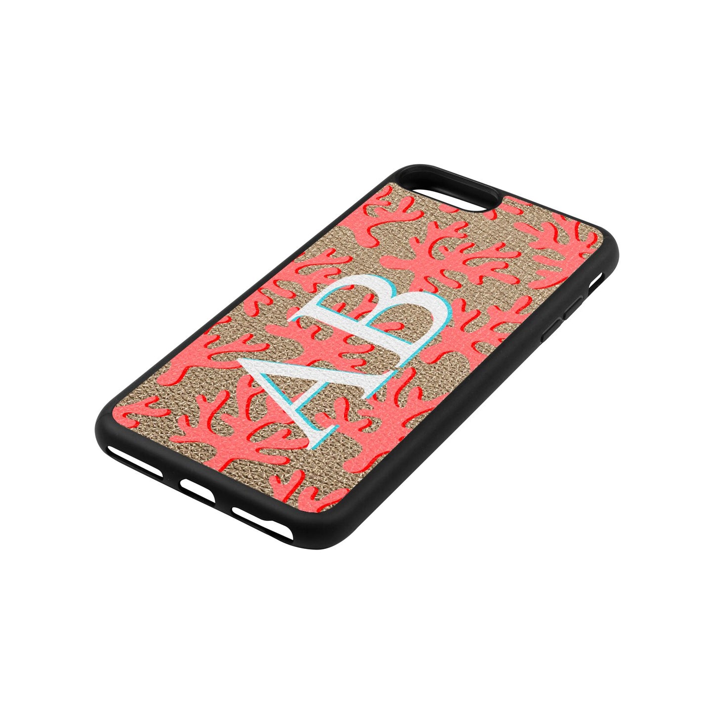 Custom Coral Initials Gold Pebble Leather iPhone 8 Plus Case Side Angle