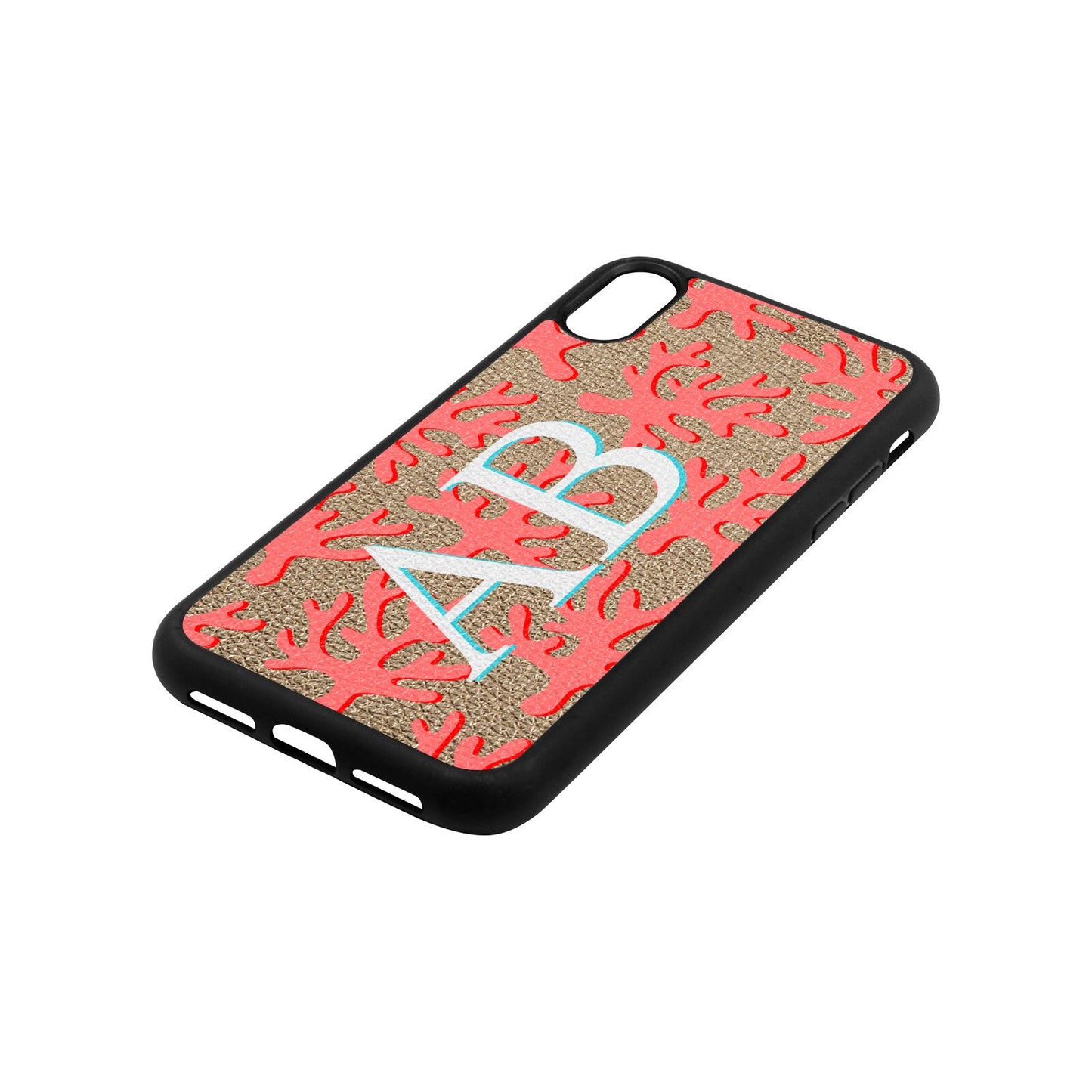 Custom Coral Initials Gold Pebble Leather iPhone Xr Case Side Angle