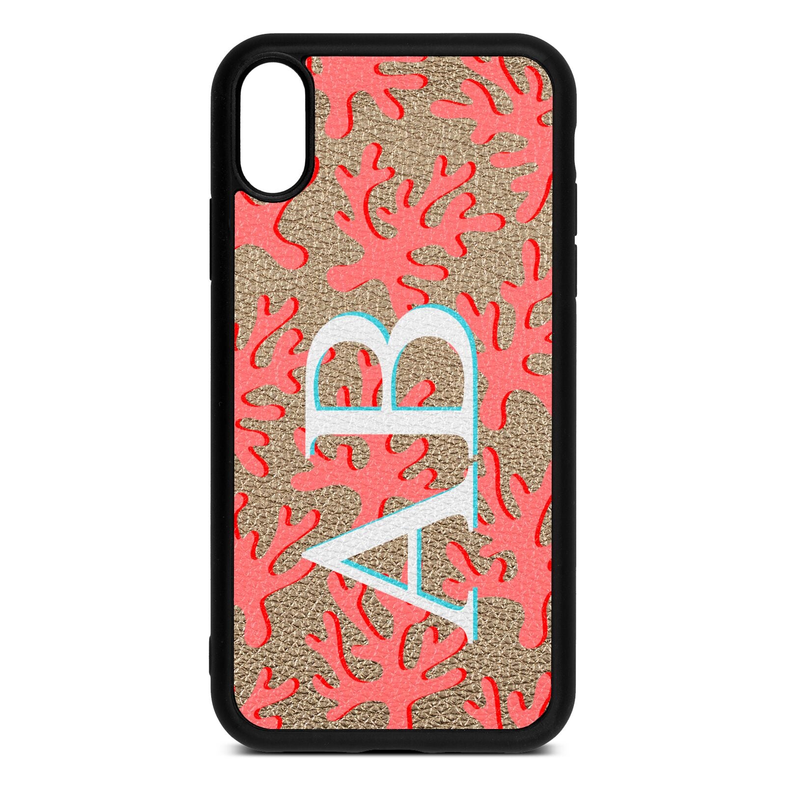 Custom Coral Initials Gold Pebble Leather iPhone Xr Case