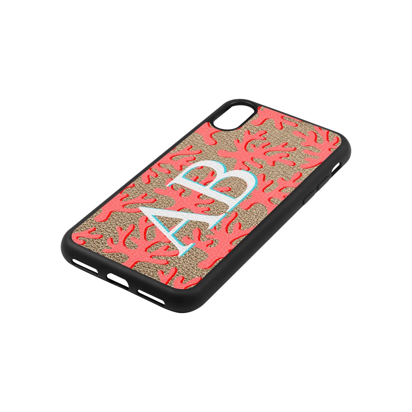Custom Coral Initials Gold Pebble Leather iPhone Xs Case Side Angle