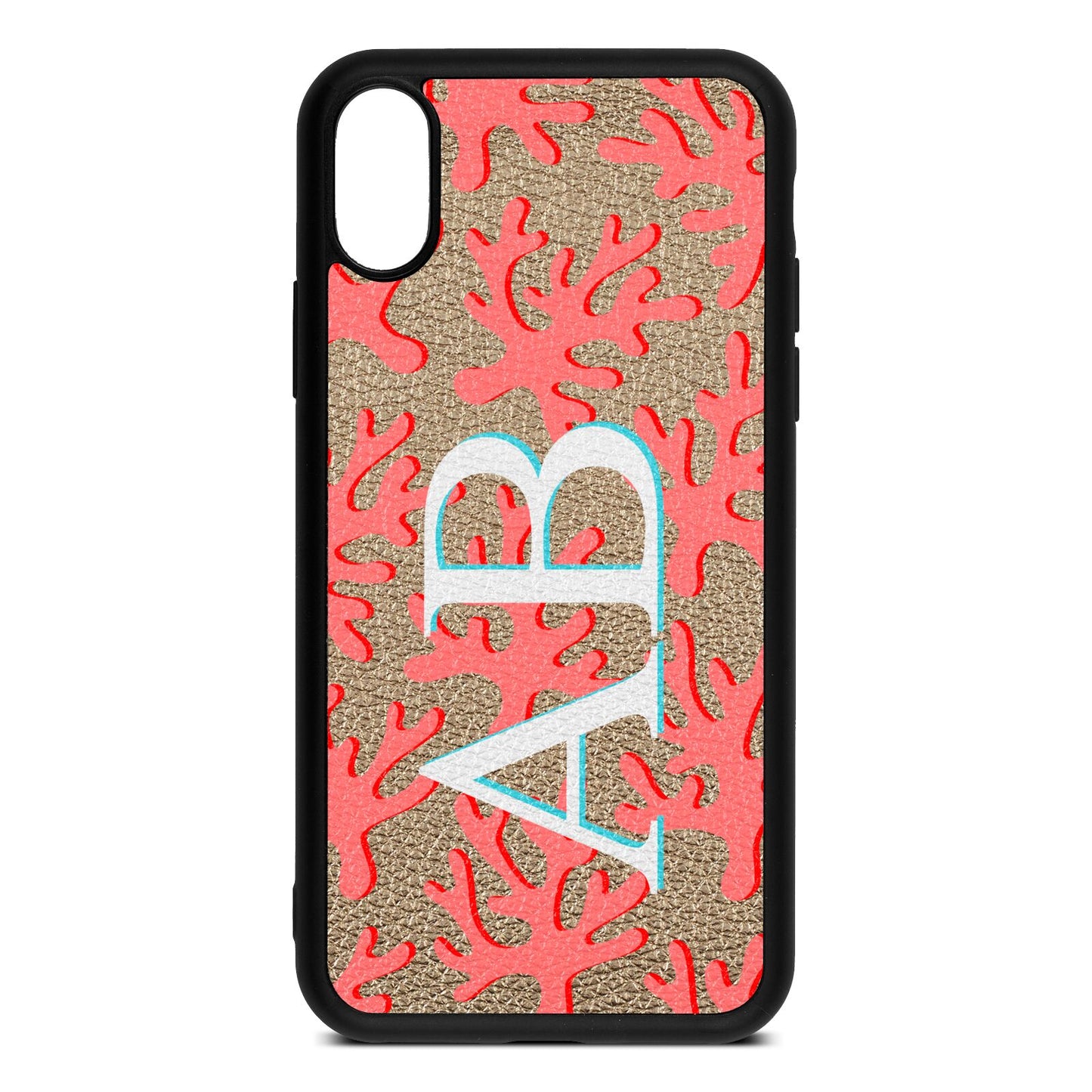 Custom Coral Initials Gold Pebble Leather iPhone Xs Case