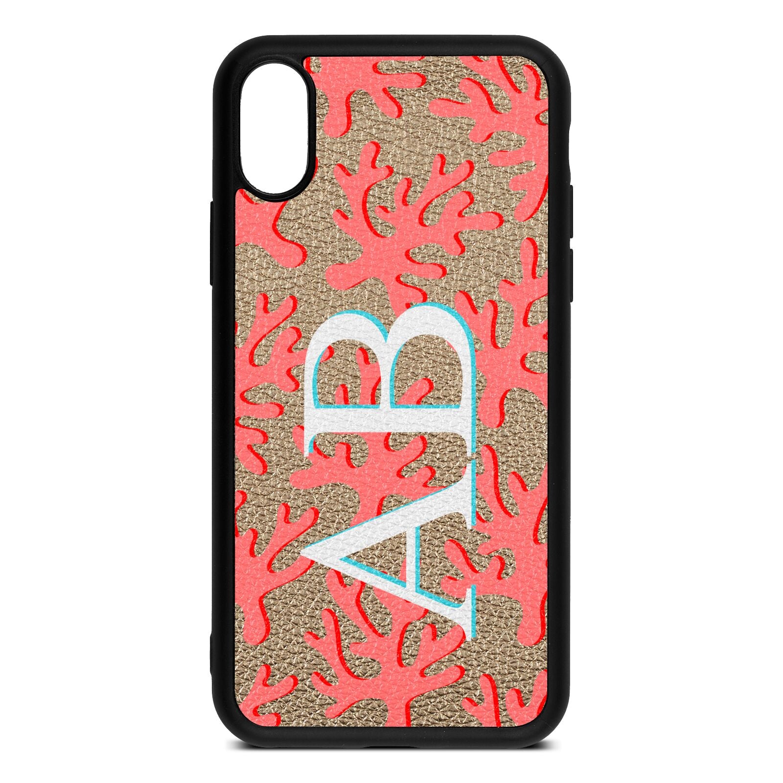 Custom Coral Initials Gold Pebble Leather iPhone Xs Case