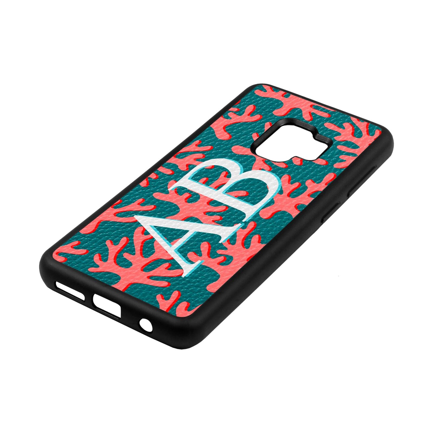 Custom Coral Initials Green Pebble Leather Samsung S9 Case Side Angle