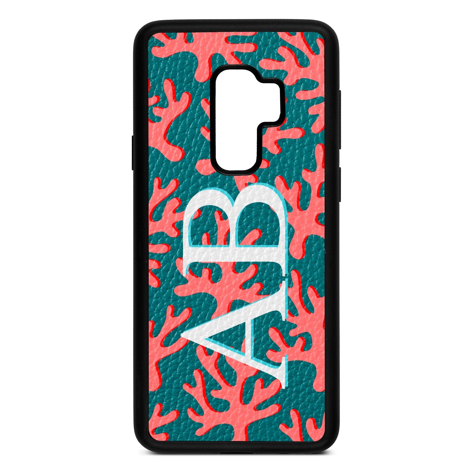 Custom Coral Initials Green Pebble Leather Samsung S9 Plus Case