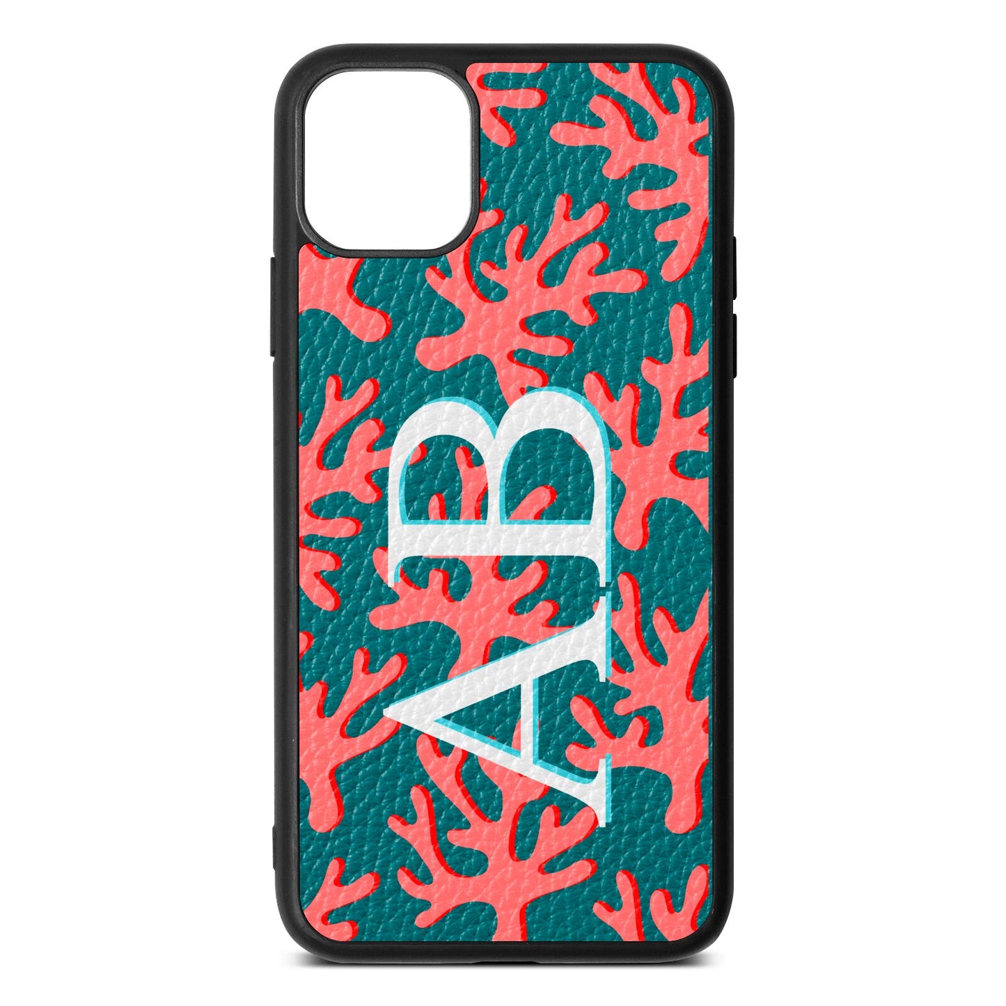 Custom Coral Initials Green Pebble Leather iPhone 11 Pro Max Case