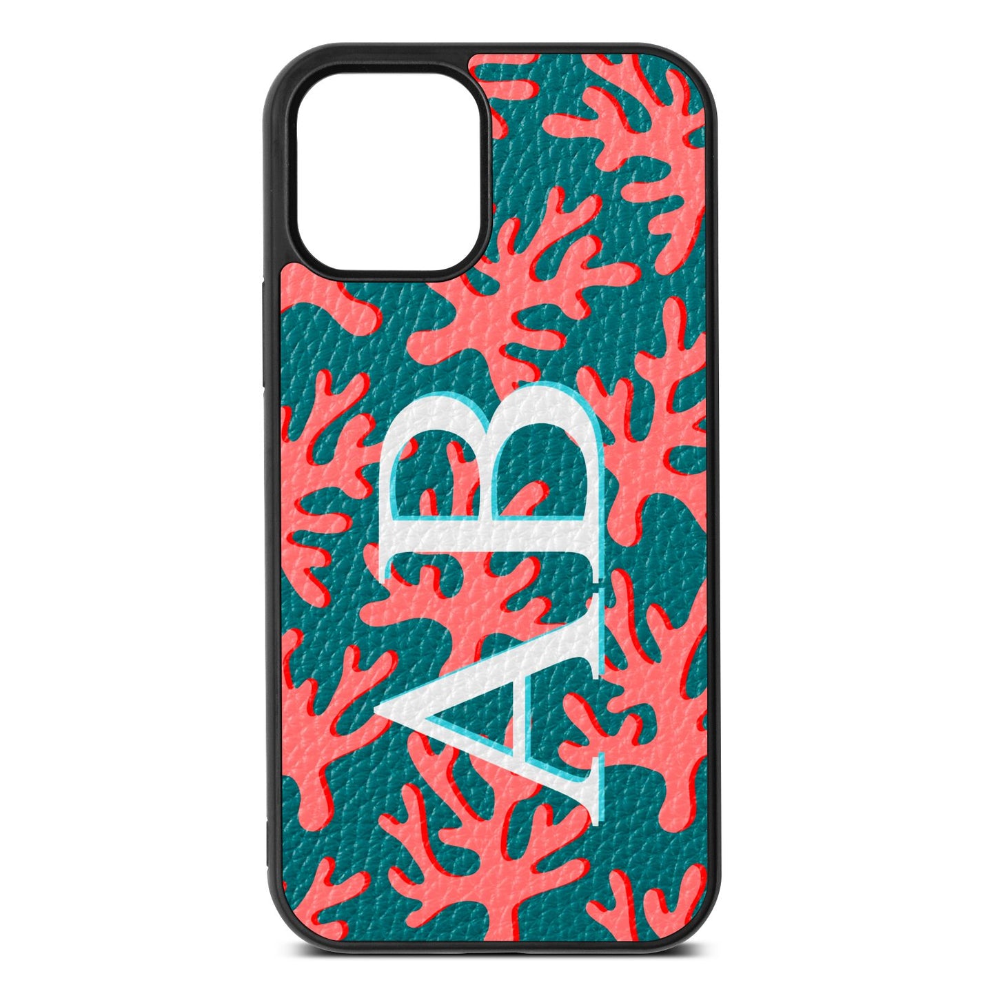 Custom Coral Initials Green Pebble Leather iPhone 12 Case