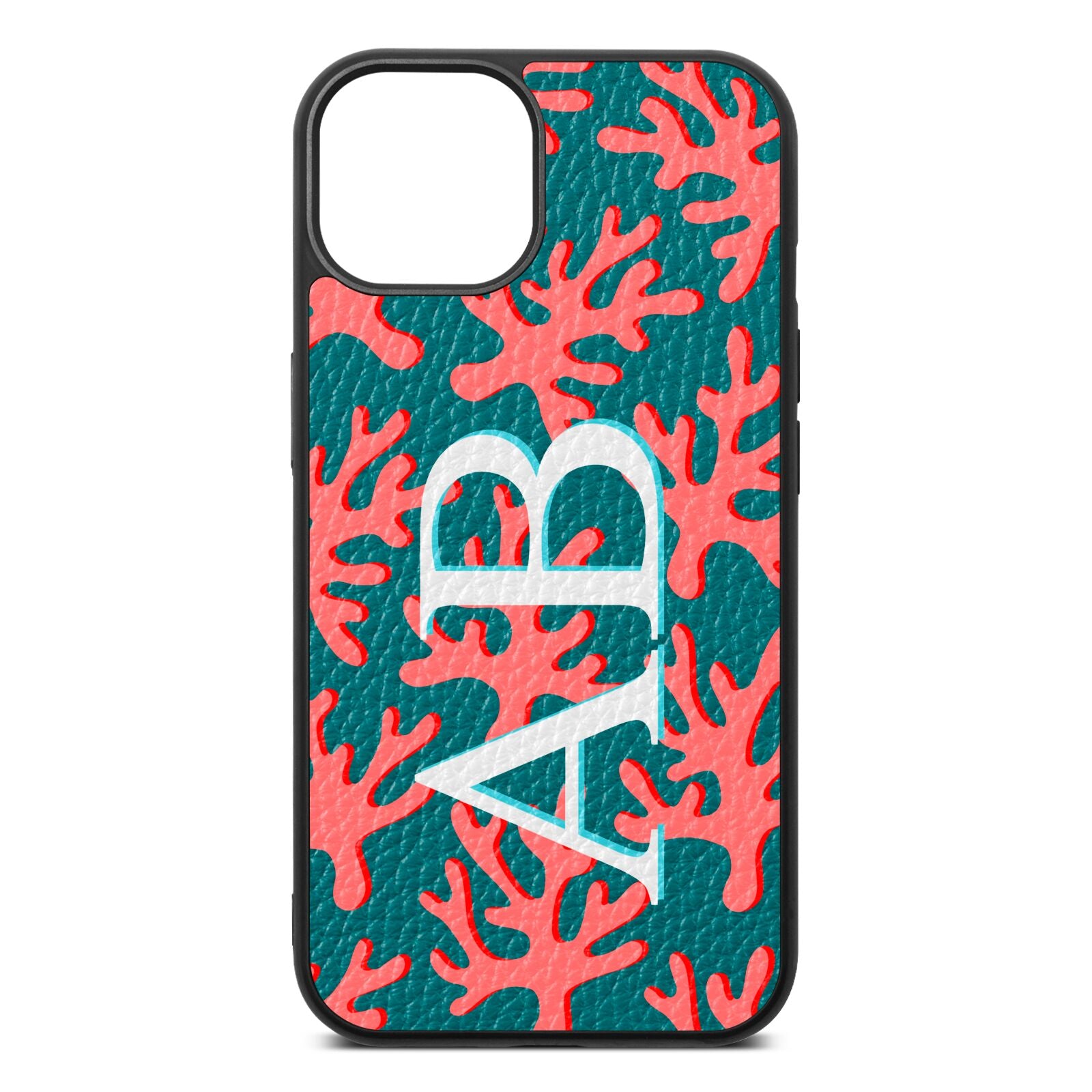 Custom Coral Initials Green Pebble Leather iPhone 13 Case