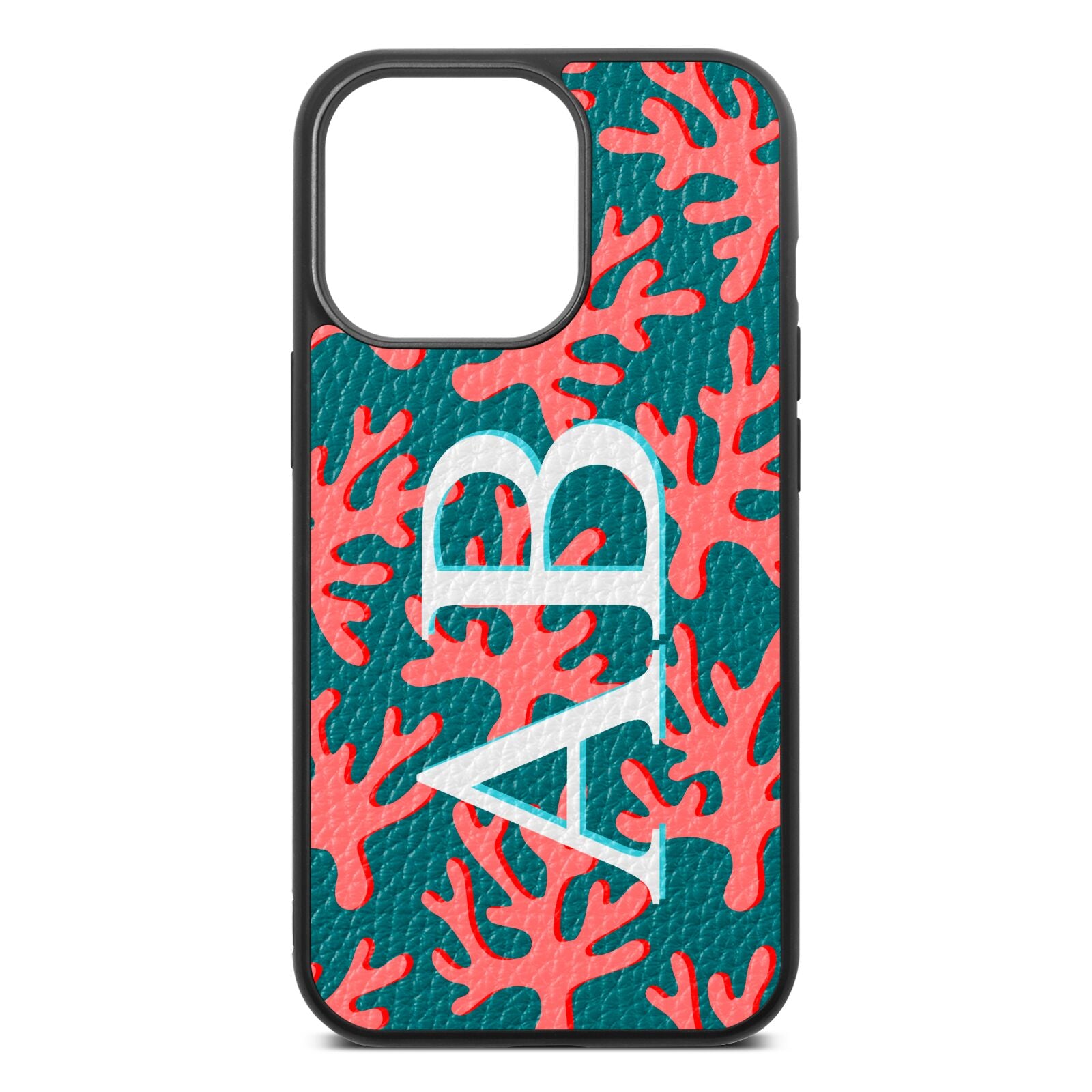 Custom Coral Initials Green Pebble Leather iPhone 13 Pro Case